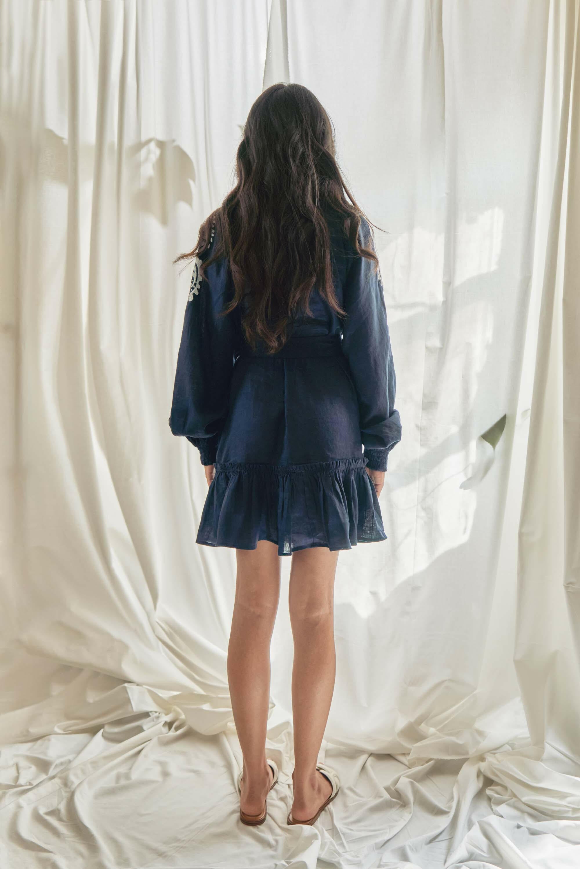 Sara Flared Short Dress in Midnight Blue by Amorrre – Luxury Resortwear, Embroidered Dresses & Kaftans.