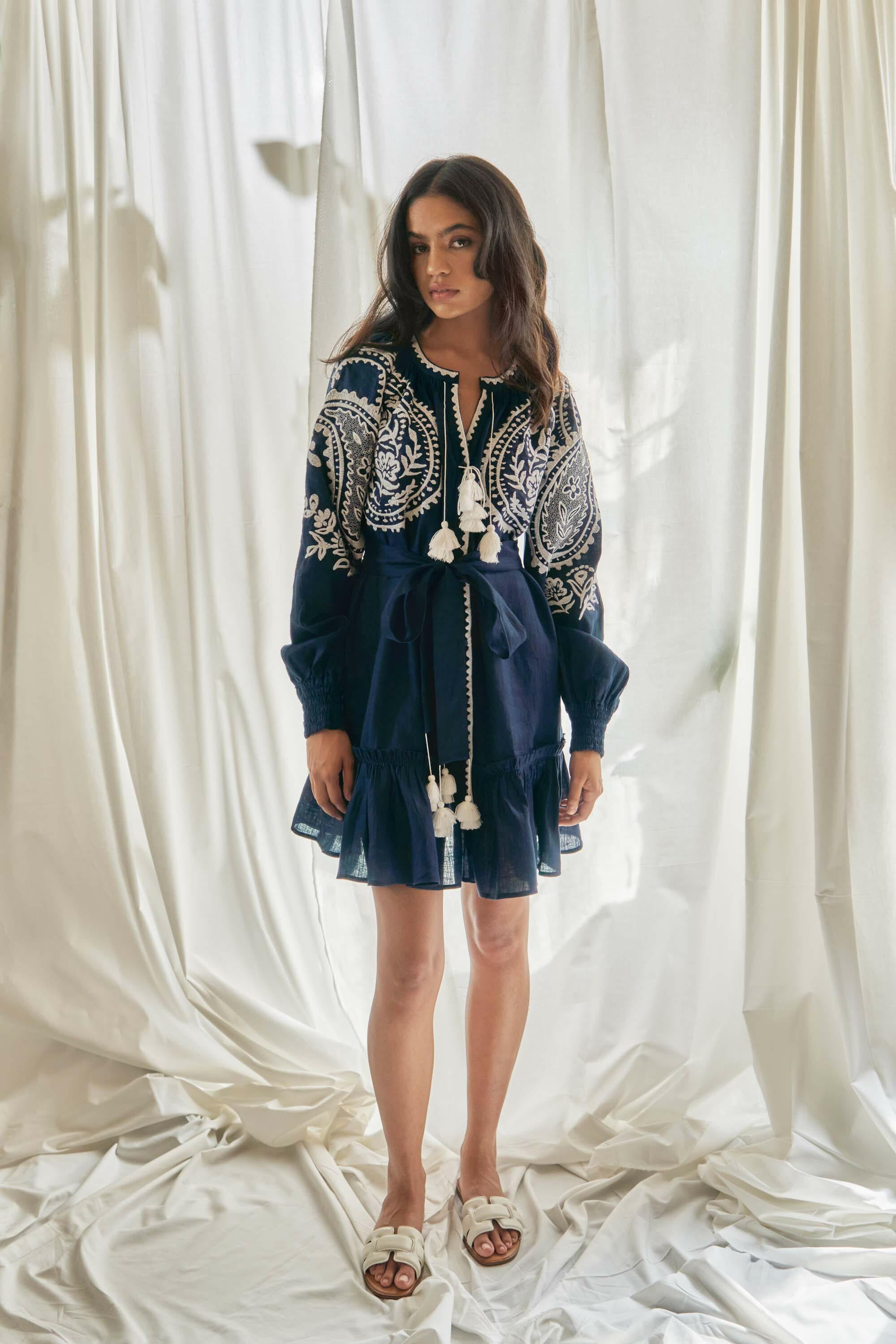Sara Flared Short Dress in Midnight Blue by Amorrre – Luxury Resortwear, Embroidered Dresses & Kaftans.