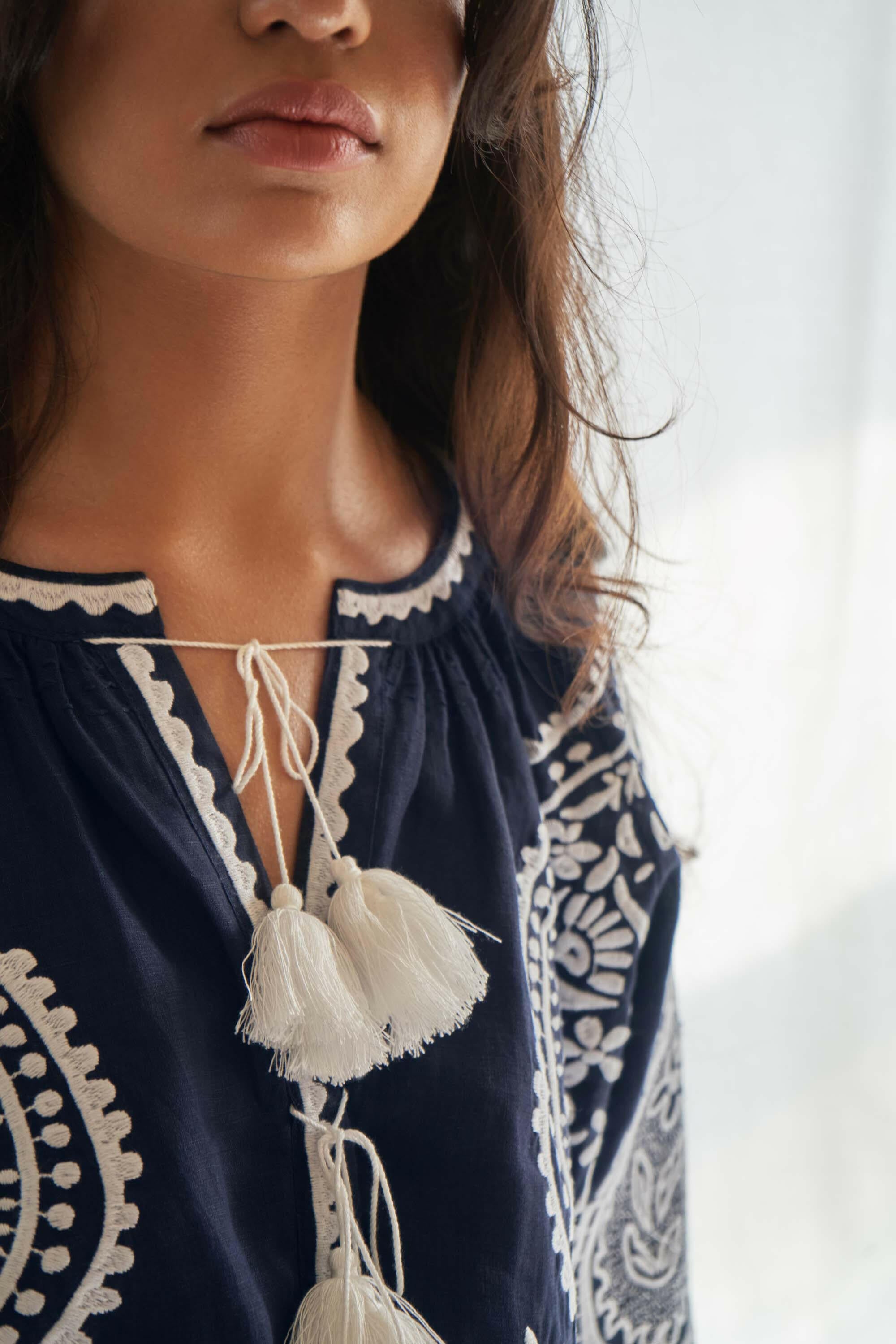 Amina Long Sleeve Blouse in Midnight Blue by Amorrre – Luxury Resortwear, Embroidered Dresses & Kaftans.