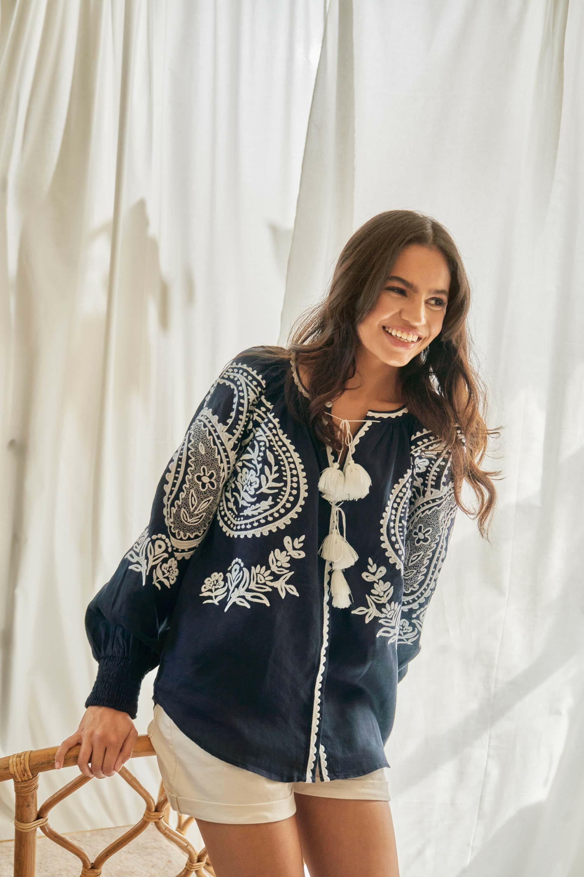 Amina Long Sleeve Blouse in Midnight Blue by Amorrre – Luxury Resortwear, Embroidered Dresses & Kaftans.