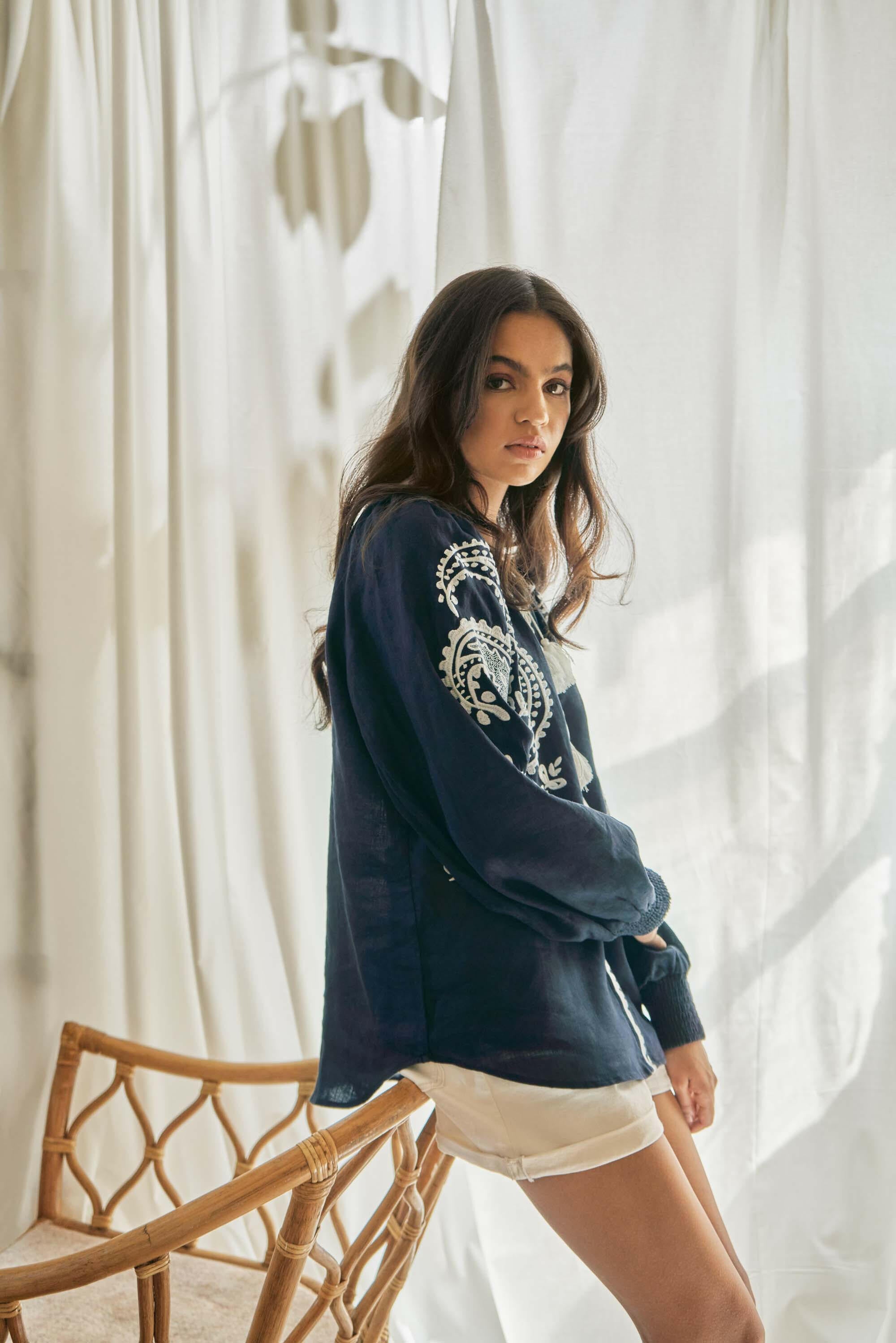 Amina Long Sleeve Blouse in Midnight Blue by Amorrre – Luxury Resortwear, Embroidered Dresses & Kaftans.
