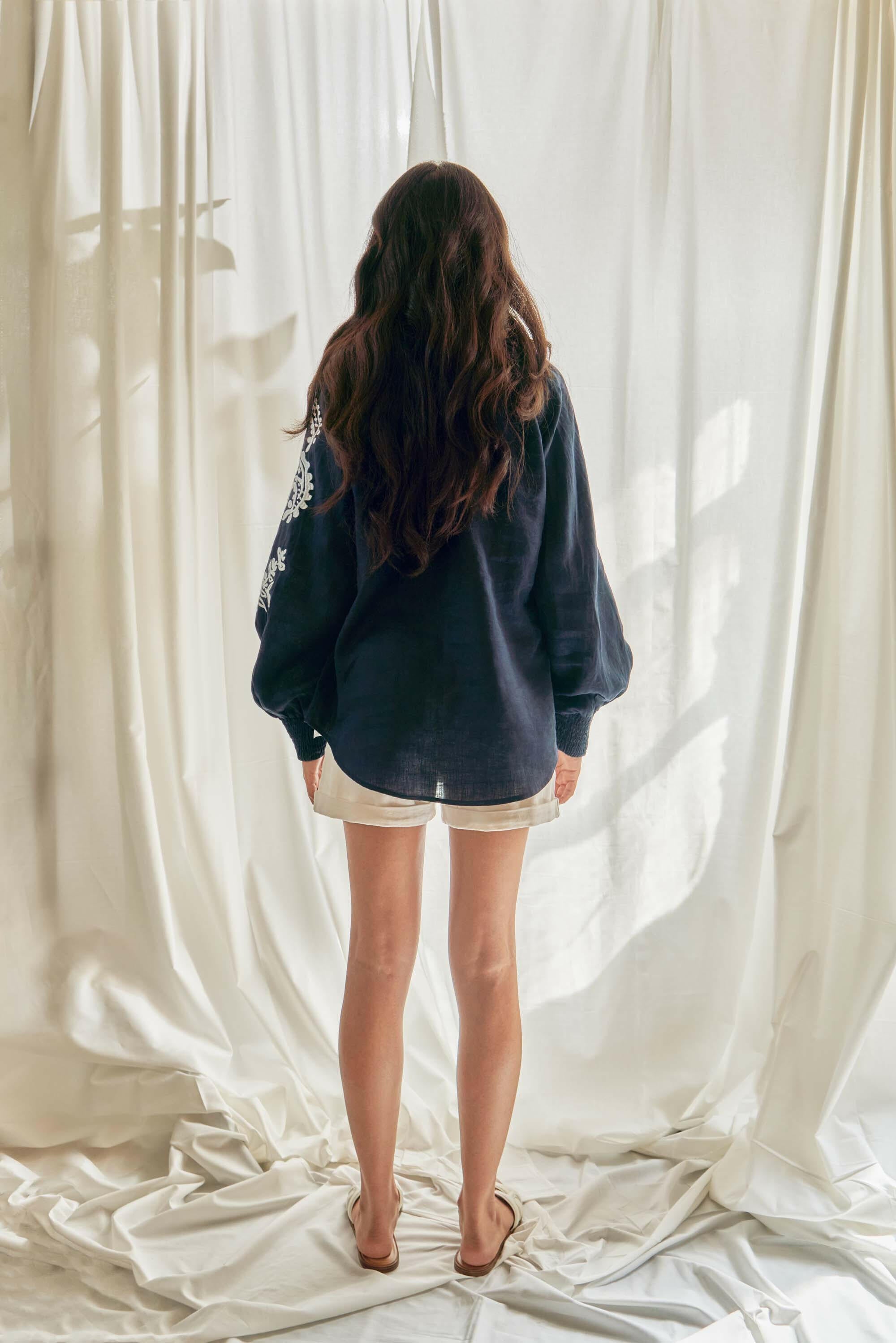 Amina Long Sleeve Blouse in Midnight Blue by Amorrre – Luxury Resortwear, Embroidered Dresses & Kaftans.