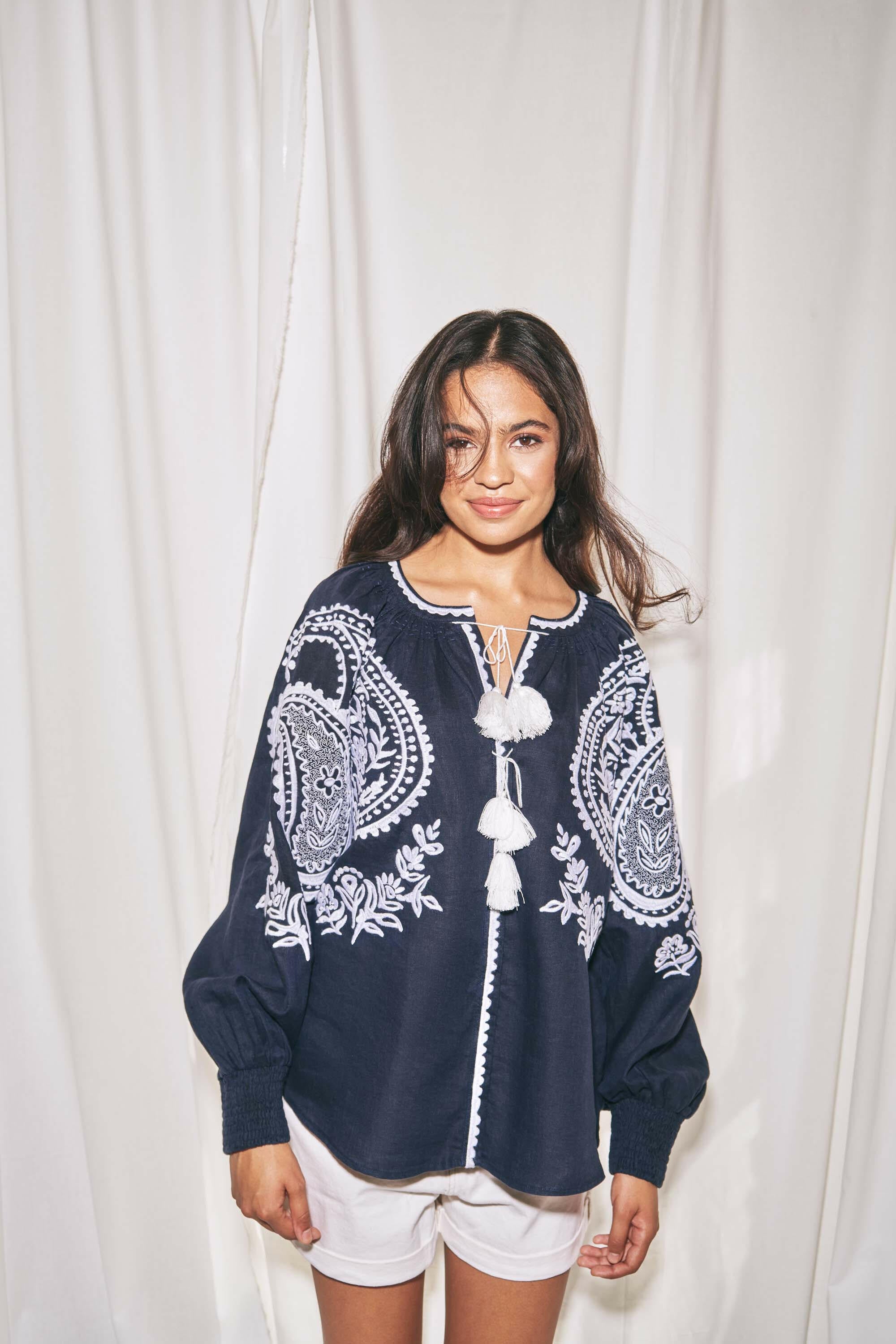 Amina Long Sleeve Blouse in Midnight Blue by Amorrre – Luxury Resortwear, Embroidered Dresses & Kaftans.