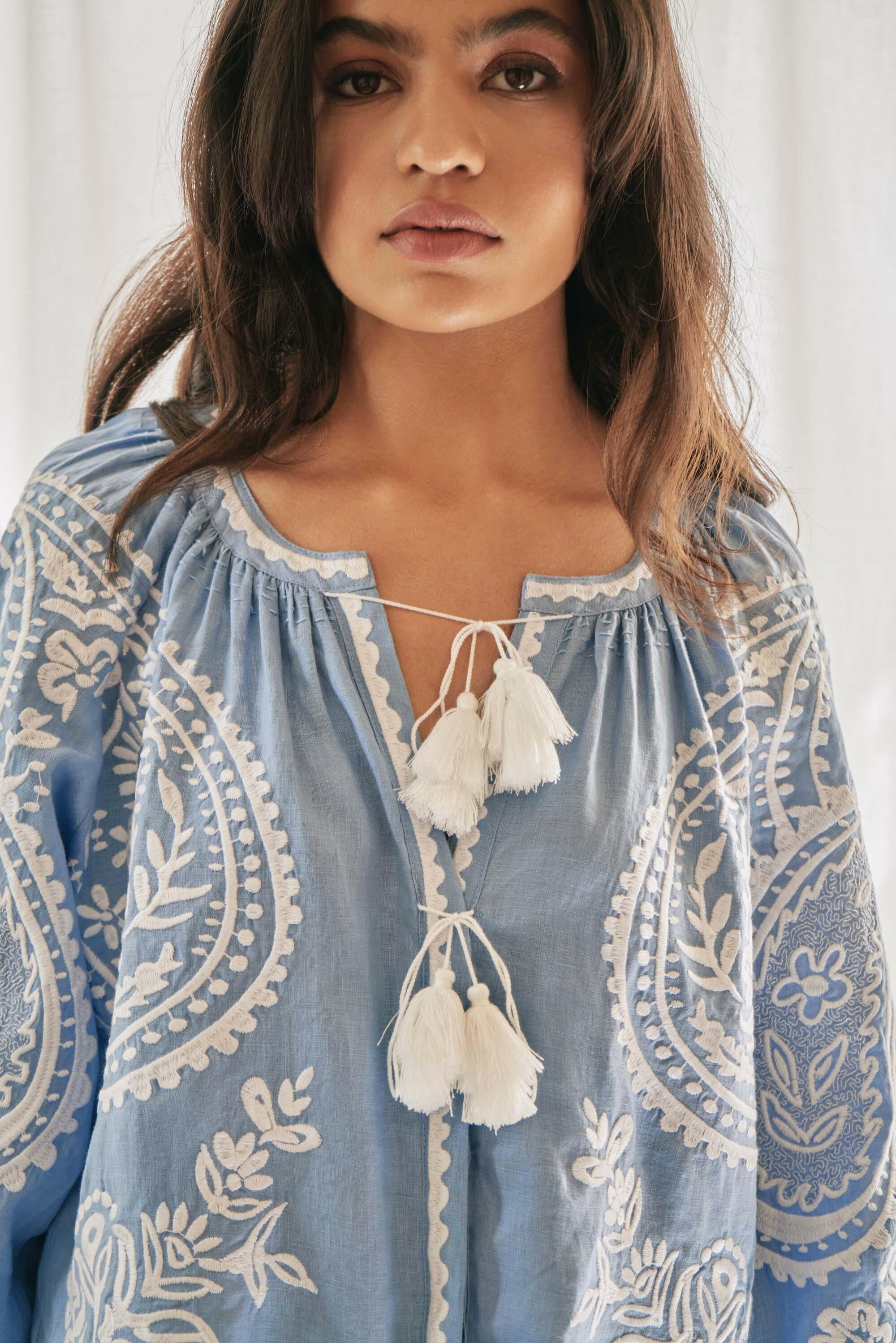 Amina Long Sleeve Blouse in Pastel Blue by Amorrre – Luxury Resortwear, Embroidered Dresses & Kaftans.