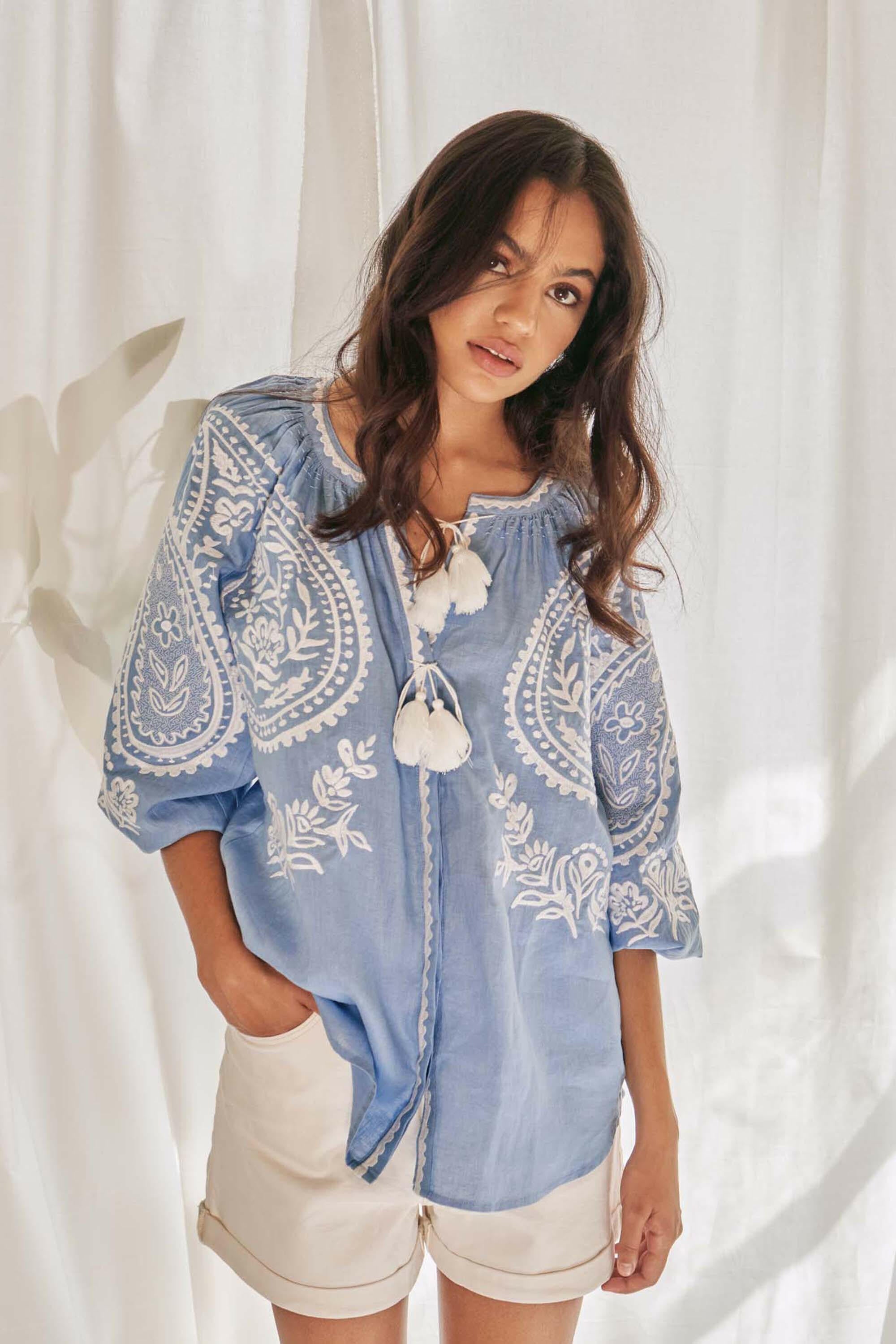Amina Long Sleeve Blouse in Pastel Blue by Amorrre – Luxury Resortwear, Embroidered Dresses & Kaftans.