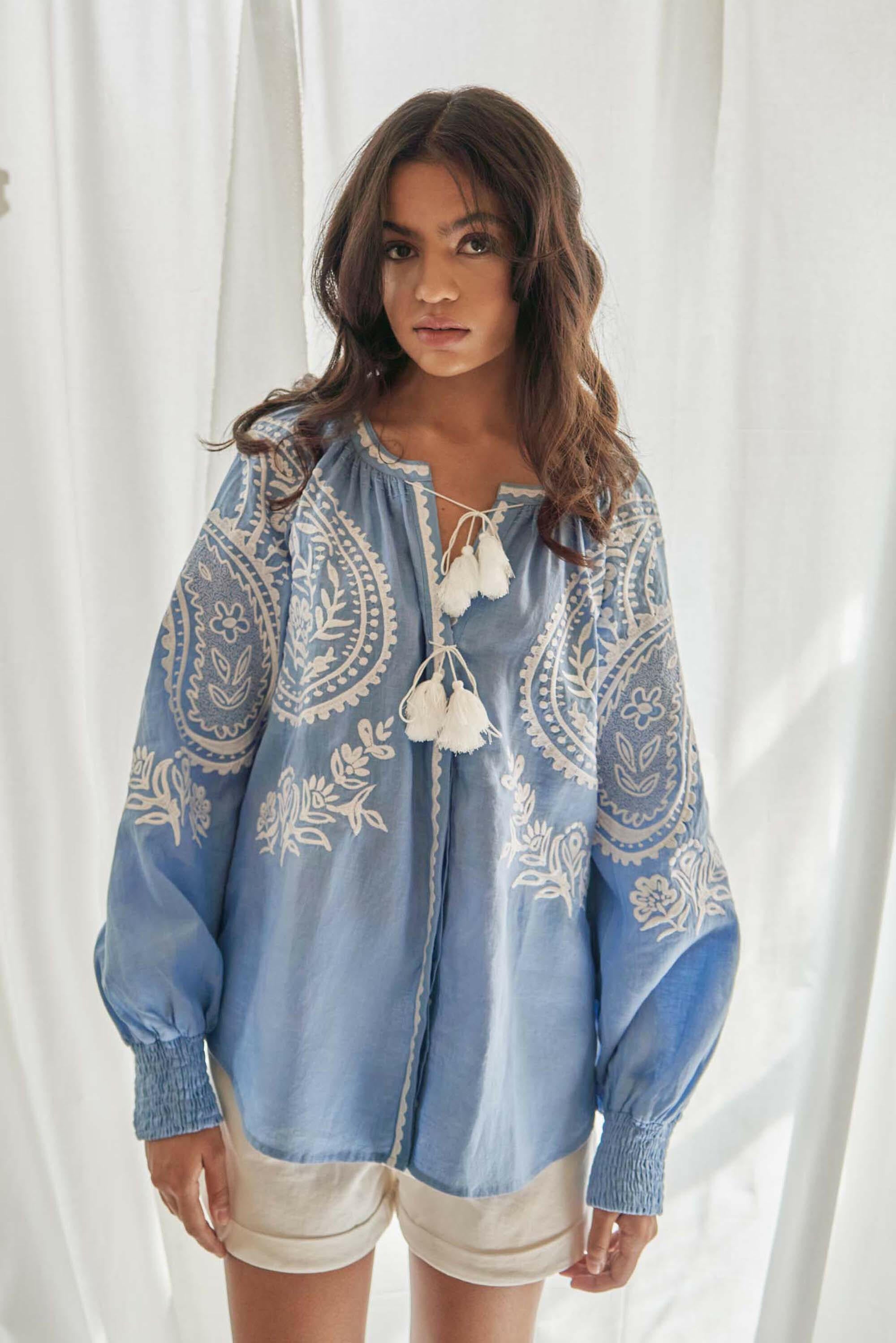 Amina Long Sleeve Blouse in Pastel Blue by Amorrre – Luxury Resortwear, Embroidered Dresses & Kaftans.