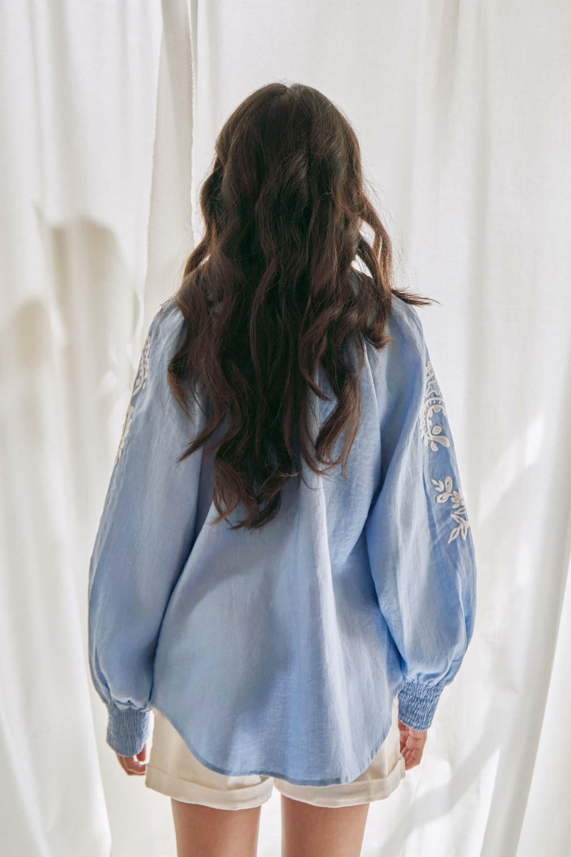 Amina Long Sleeve Blouse in Pastel Blue by Amorrre – Luxury Resortwear, Embroidered Dresses & Kaftans.