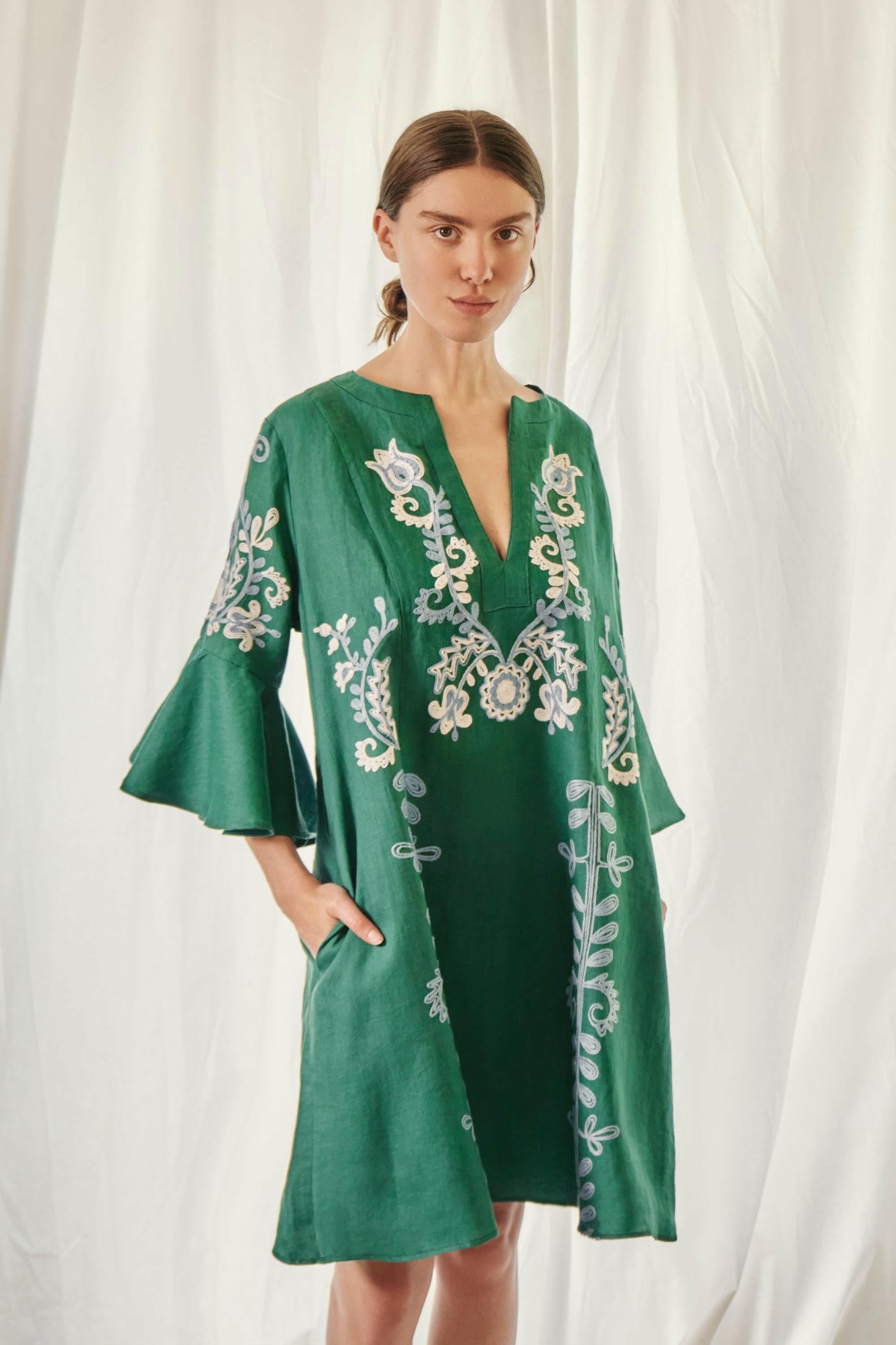 Mariposa Short Kaftan in Jadestone by Amorrre – Luxury Resortwear, Embroidered Dresses & Kaftans.