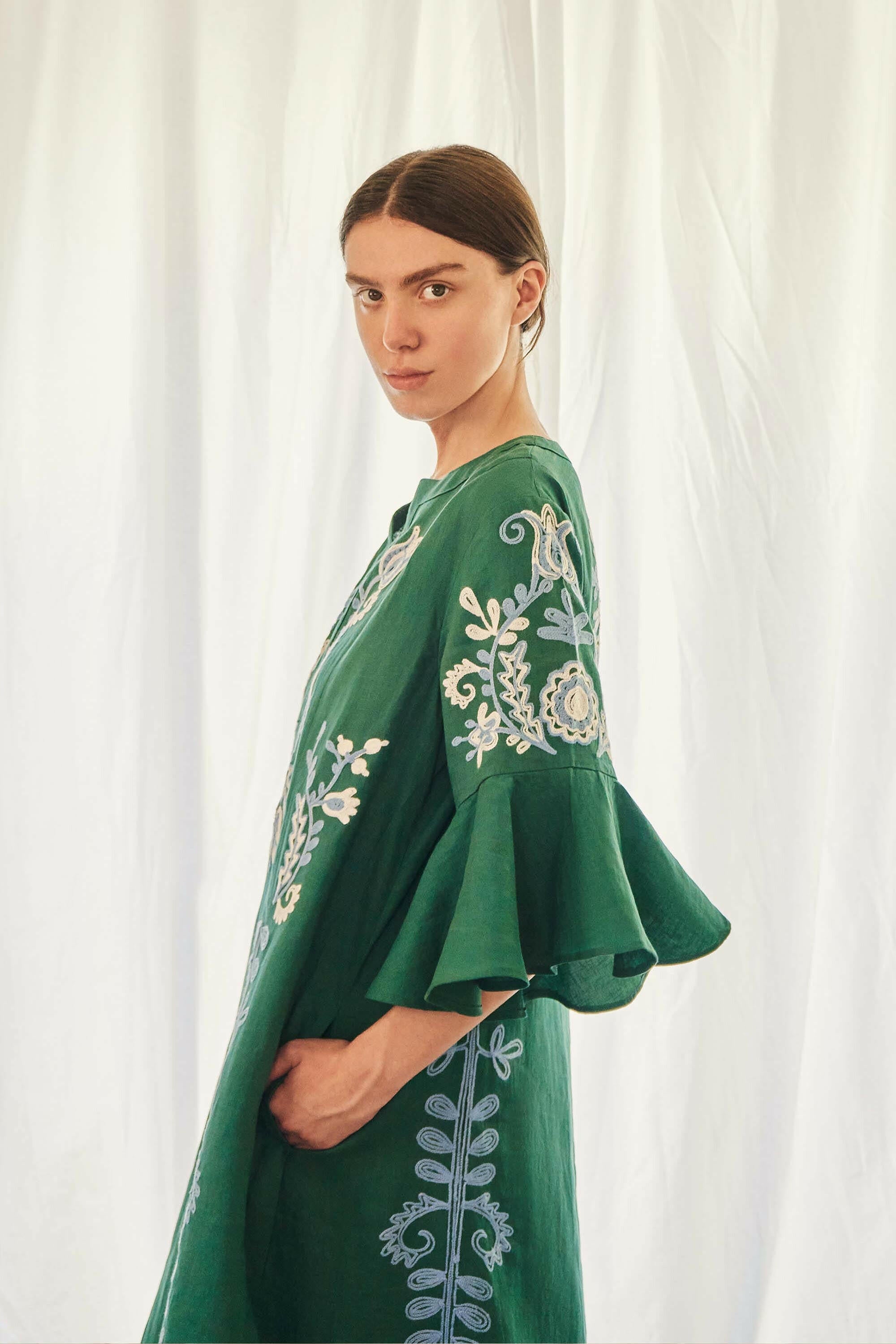 Mariposa Short Kaftan in Jadestone by Amorrre – Luxury Resortwear, Embroidered Dresses & Kaftans.