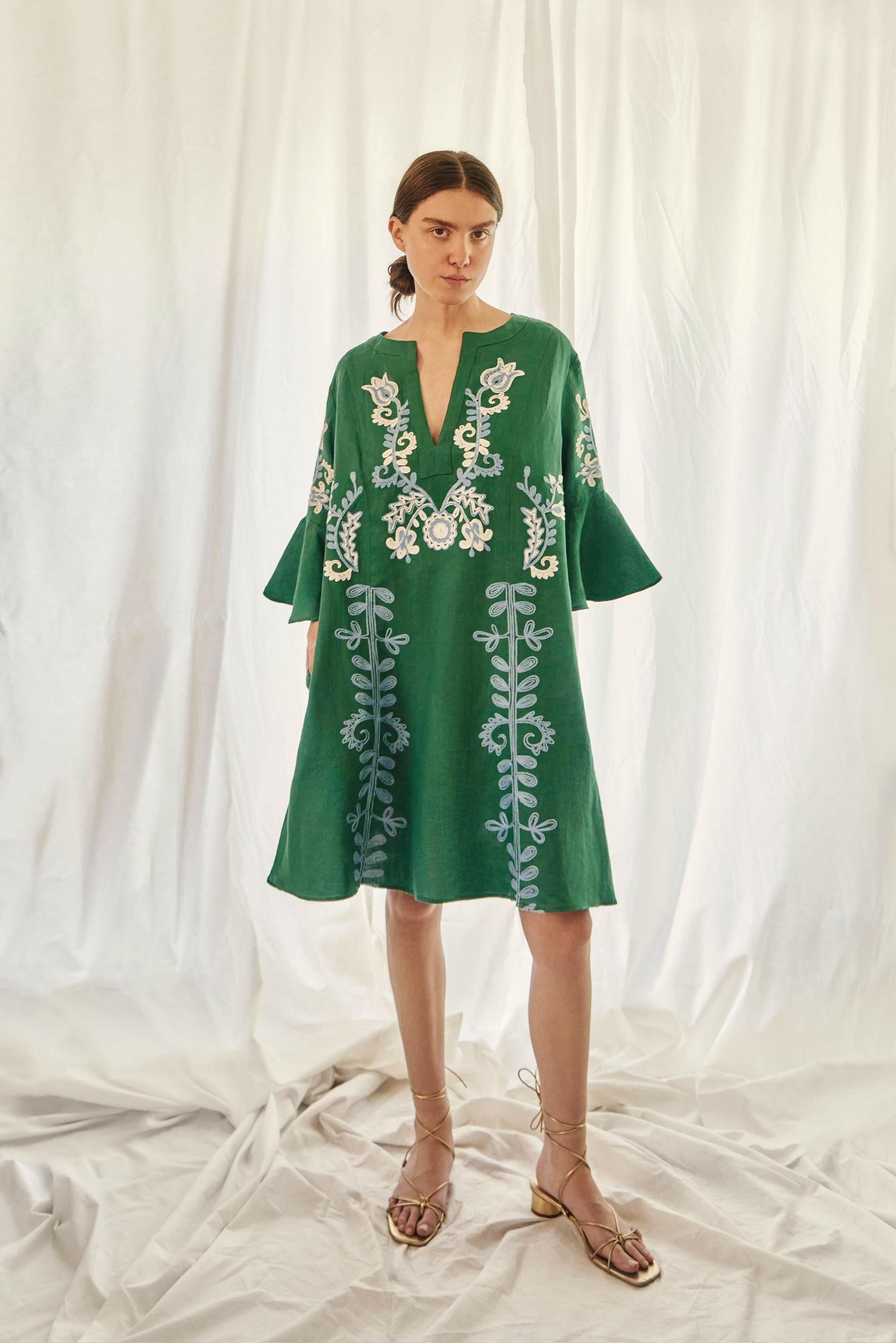 Mariposa Short Kaftan in Jadestone by Amorrre – Luxury Resortwear, Embroidered Dresses & Kaftans.