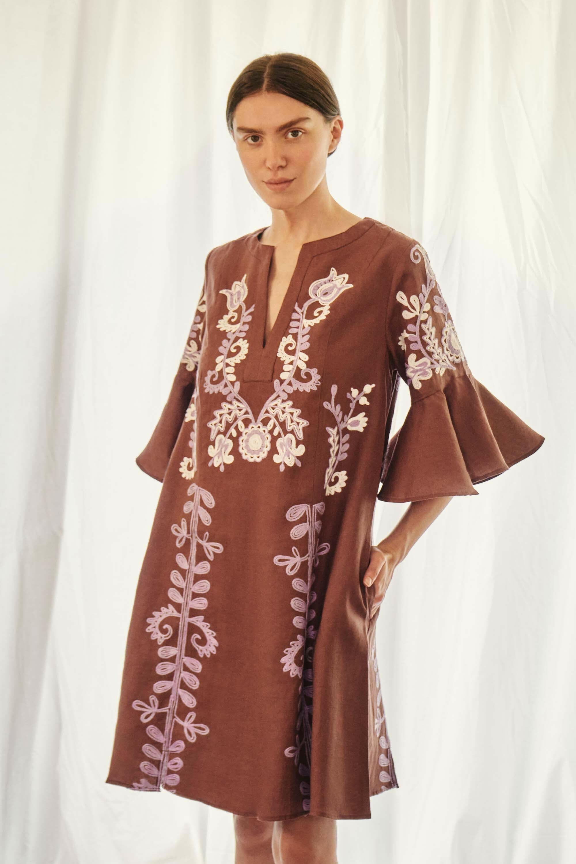 Mariposa Short Kaftan in Milk Chocolate by Amorrre – Luxury Resortwear, Embroidered Dresses & Kaftans.