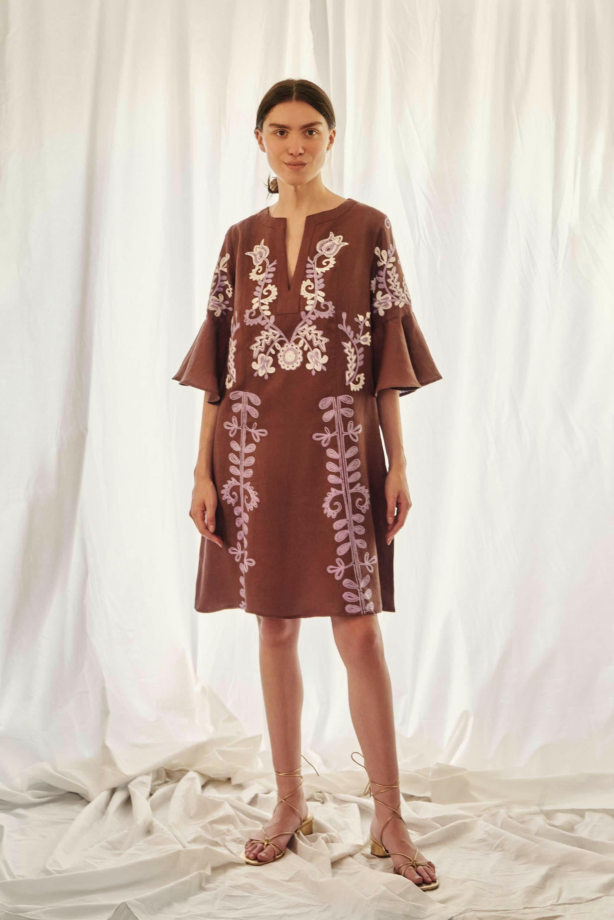Mariposa Short Kaftan in Milk Chocolate by Amorrre – Luxury Resortwear, Embroidered Dresses & Kaftans.