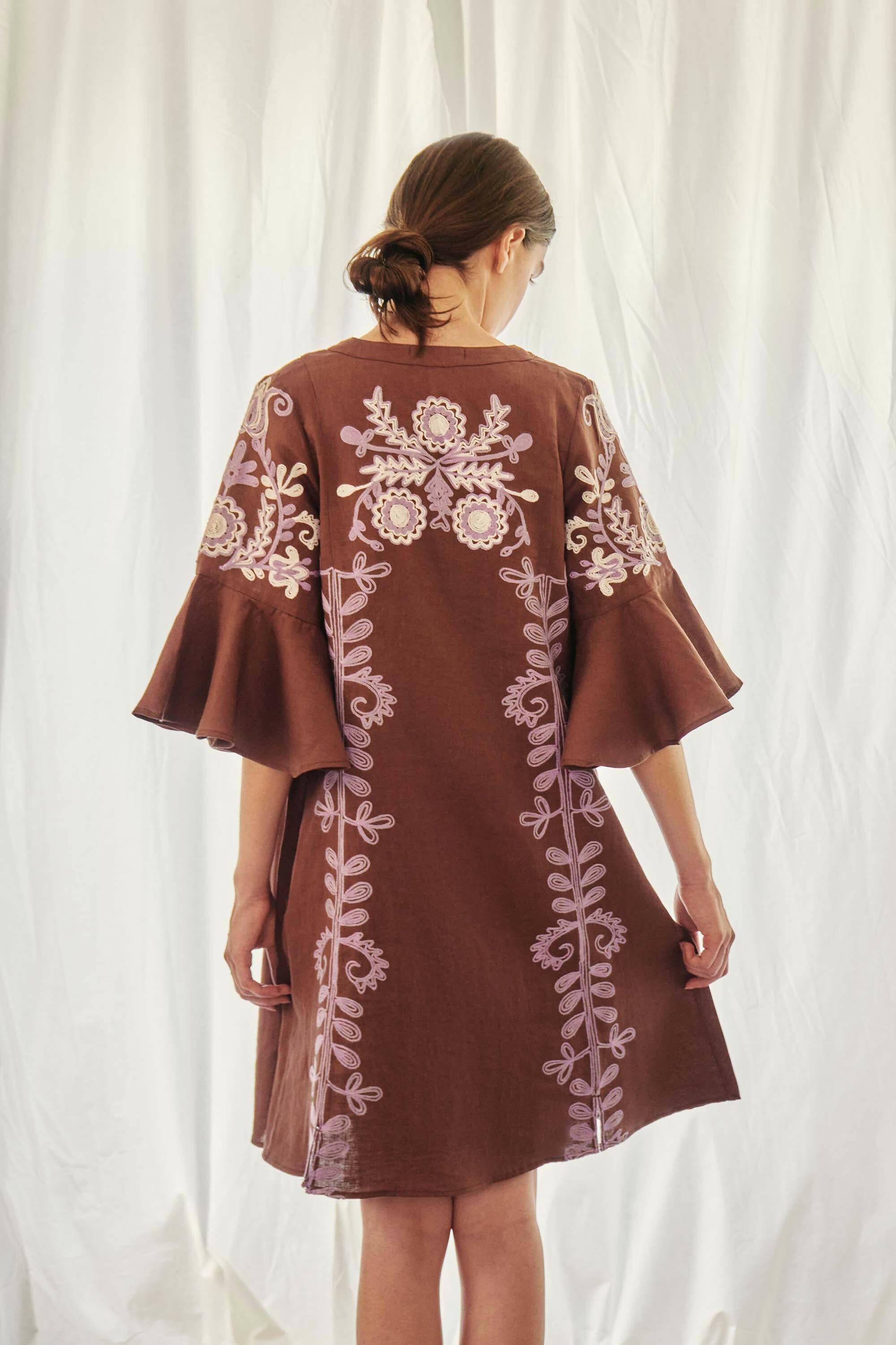 Mariposa Short Kaftan in Milk Chocolate by Amorrre – Luxury Resortwear, Embroidered Dresses & Kaftans.