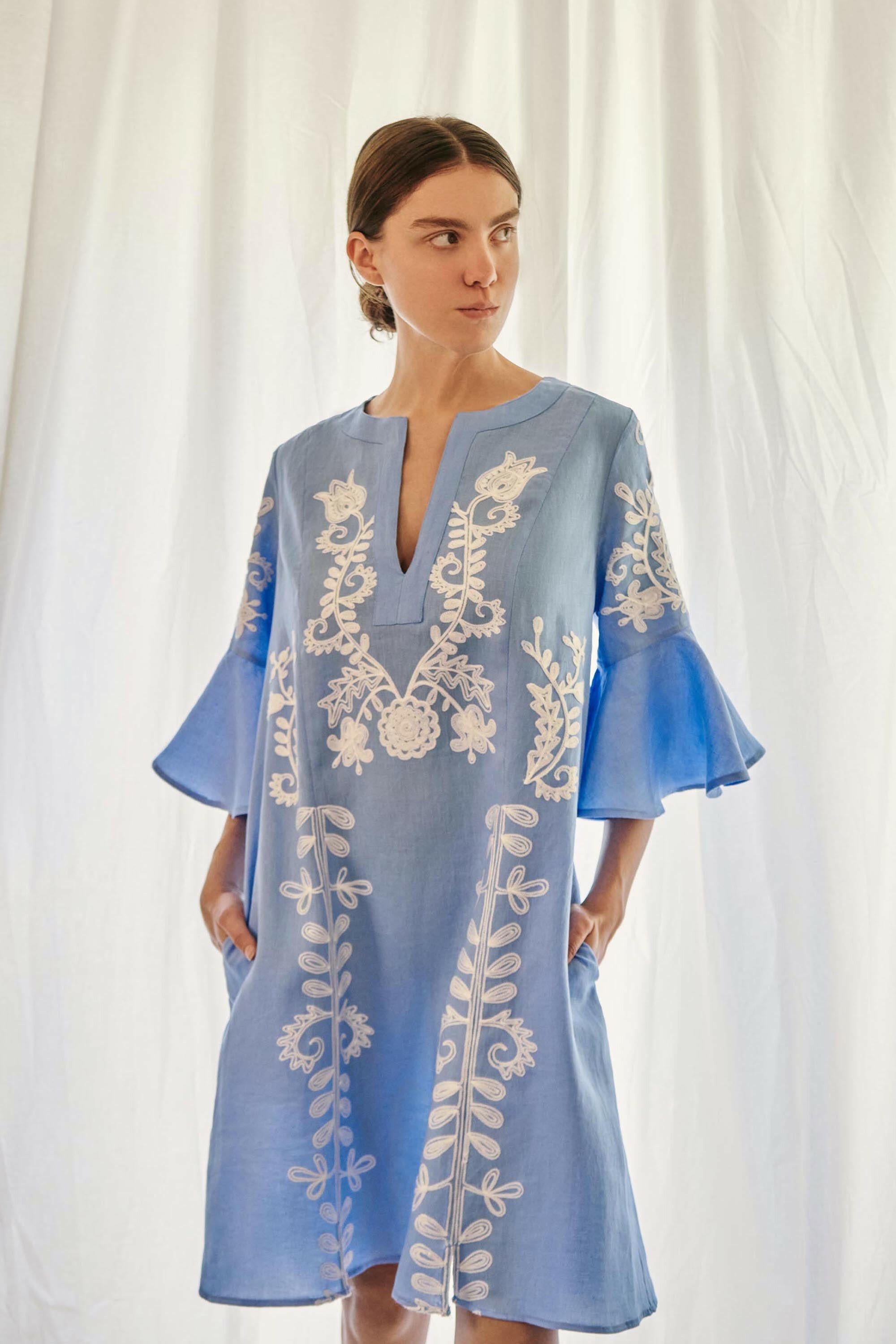 Mariposa Short Kaftan in Pastel Blue by Amorrre – Luxury Resortwear, Embroidered Dresses & Kaftans.
