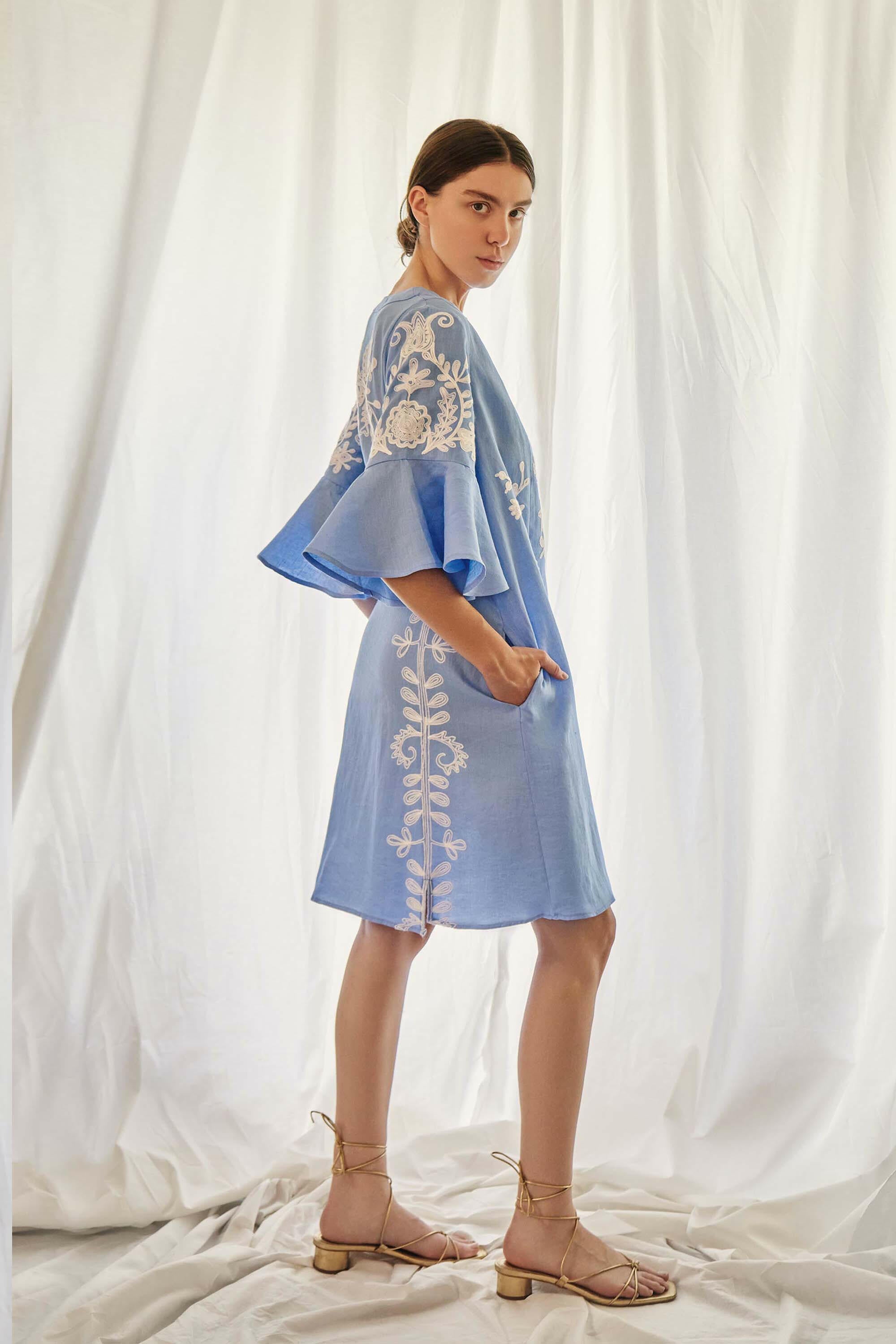 Mariposa Short Kaftan in Pastel Blue by Amorrre – Luxury Resortwear, Embroidered Dresses & Kaftans.