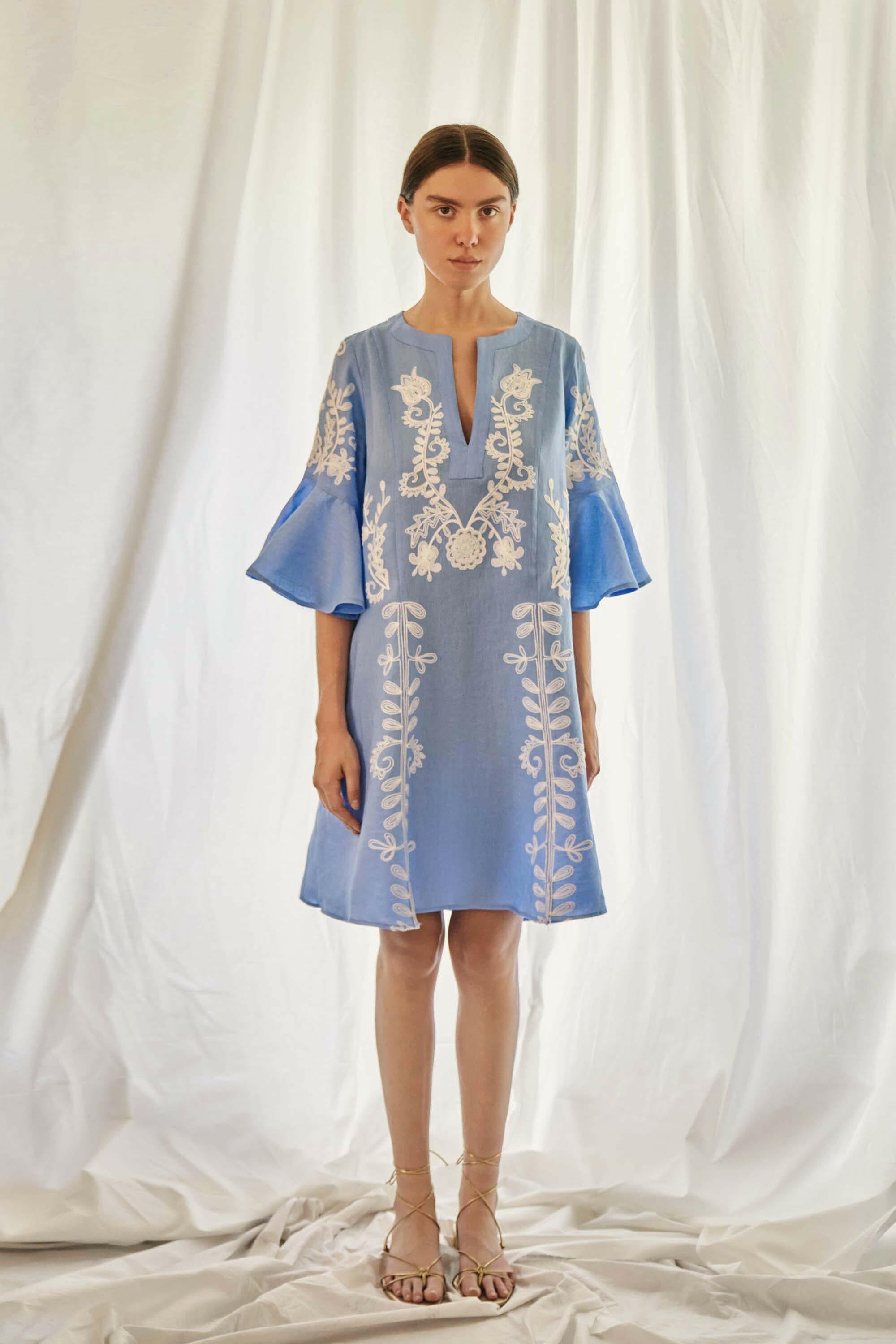 Mariposa Short Kaftan in Pastel Blue by Amorrre – Luxury Resortwear, Embroidered Dresses & Kaftans.