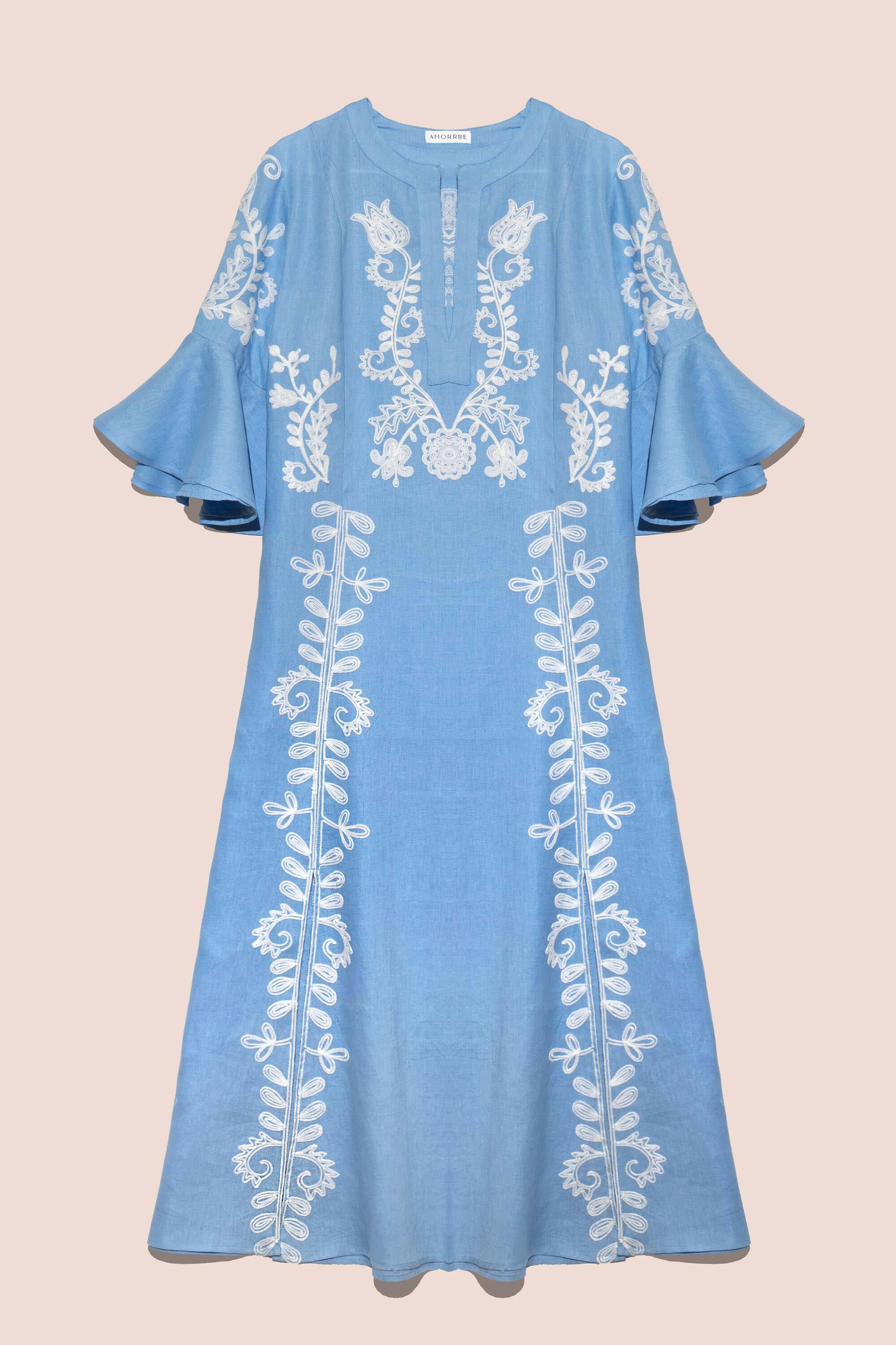 Mariposa Long Kaftan in Pastel Blue by Amorrre – Luxury Resortwear, Embroidered Dresses & Kaftans.
