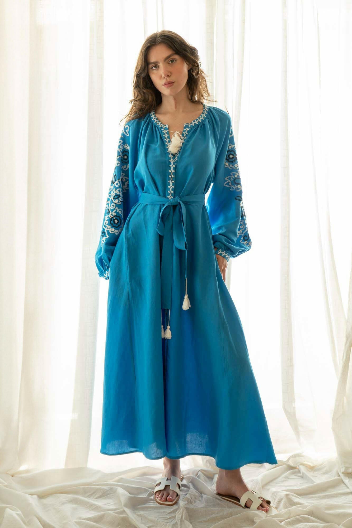The Janni Dress in Azure Blue — Embroidered Linen Blend Maxi Dress by Amorrre – Luxury Resortwear, Embroidered Dresses & Kaftans.