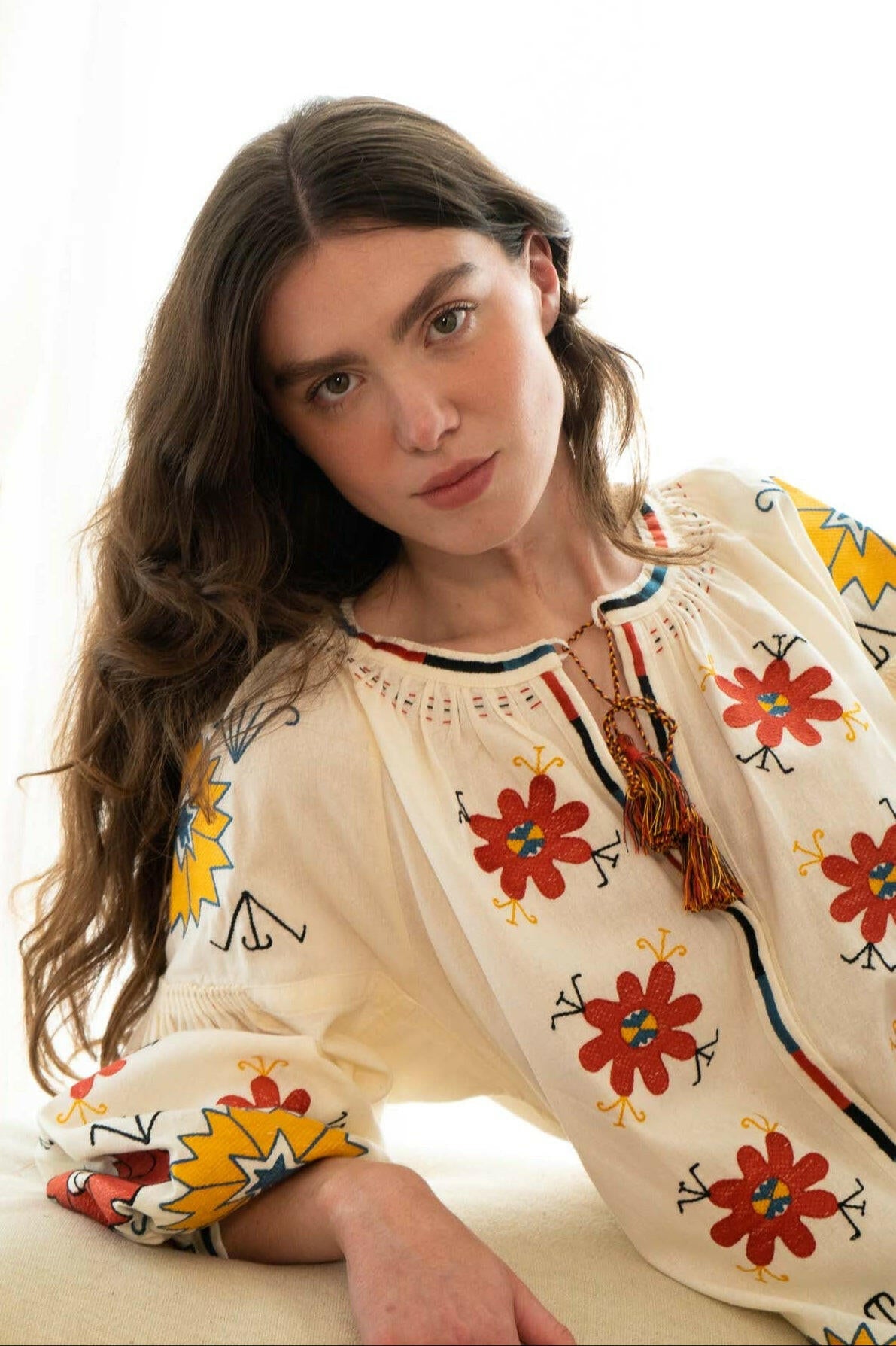 The Ivanna Blouse in Sunflower Cream — Embroidered Linen Blend Top by Amorrre – Luxury Resortwear, Embroidered Dresses & Kaftans.