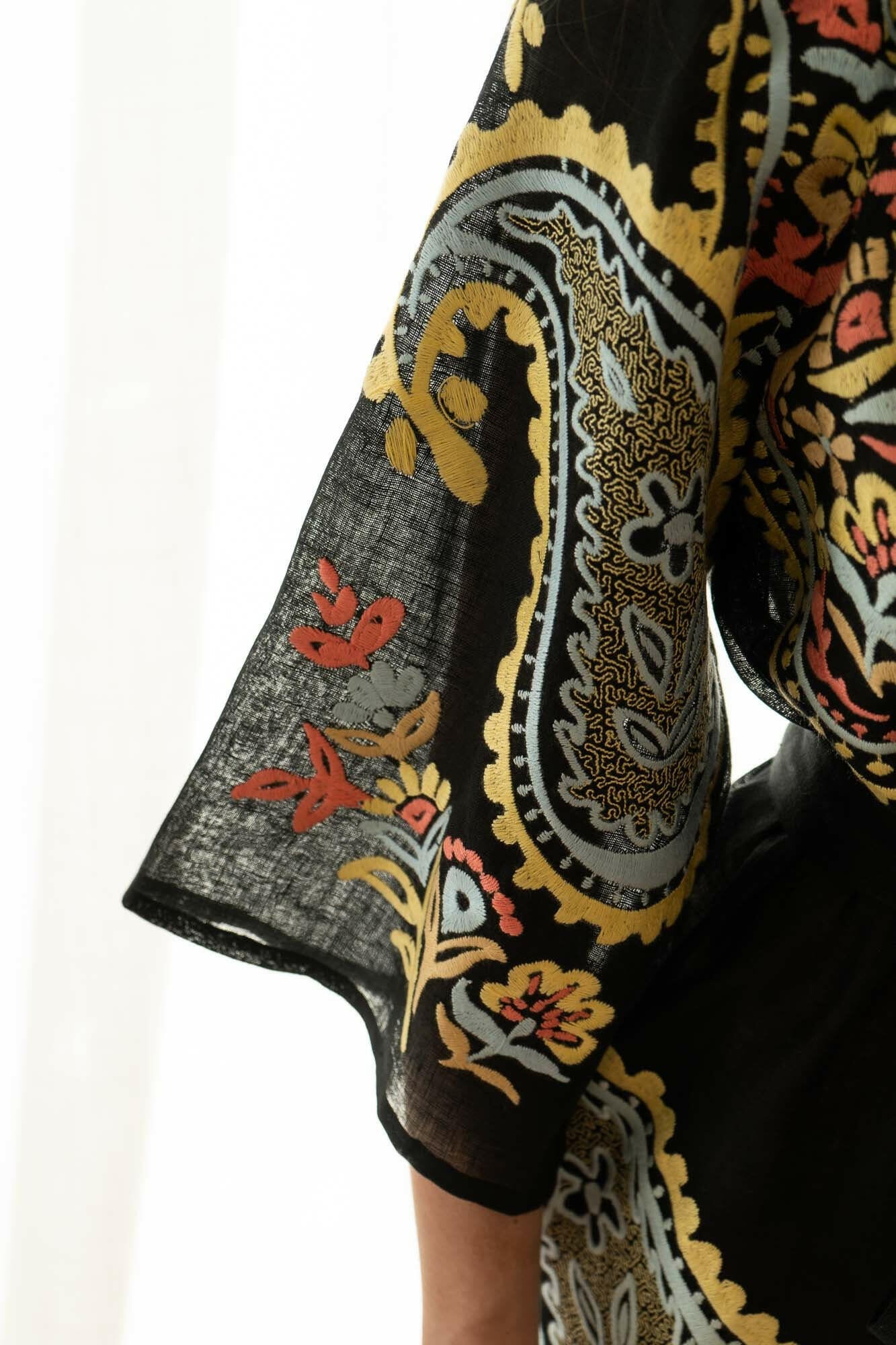 The Sara Dress in Folk Black — Embroidered Linen Cover-up by Amorrre – Luxury Resortwear, Embroidered Dresses & Kaftans.