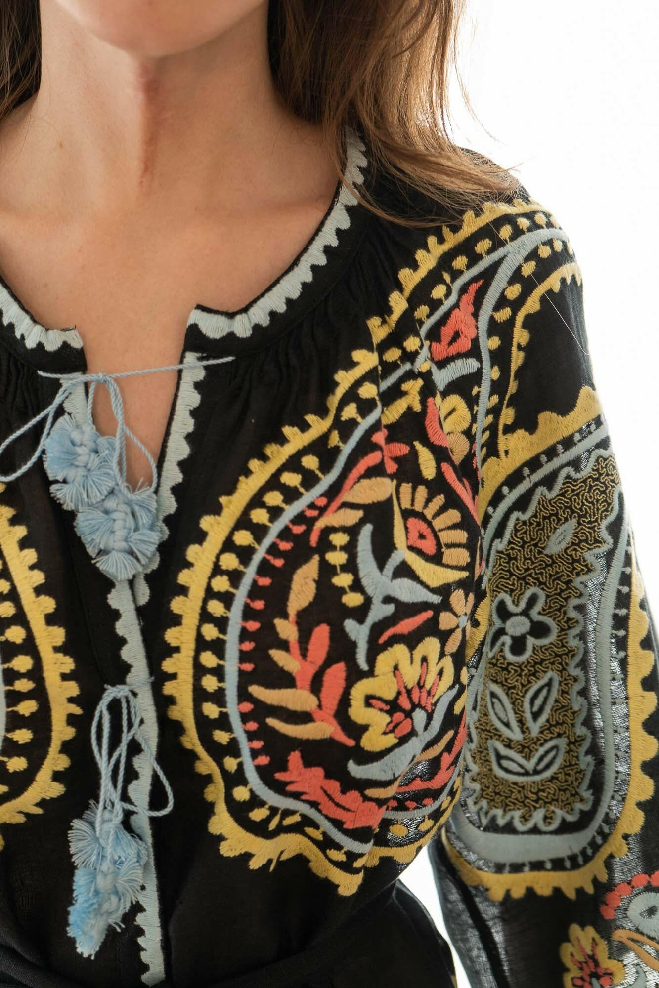 The Sara Dress in Folk Black — Embroidered Linen Cover-up by Amorrre – Luxury Resortwear, Embroidered Dresses & Kaftans.