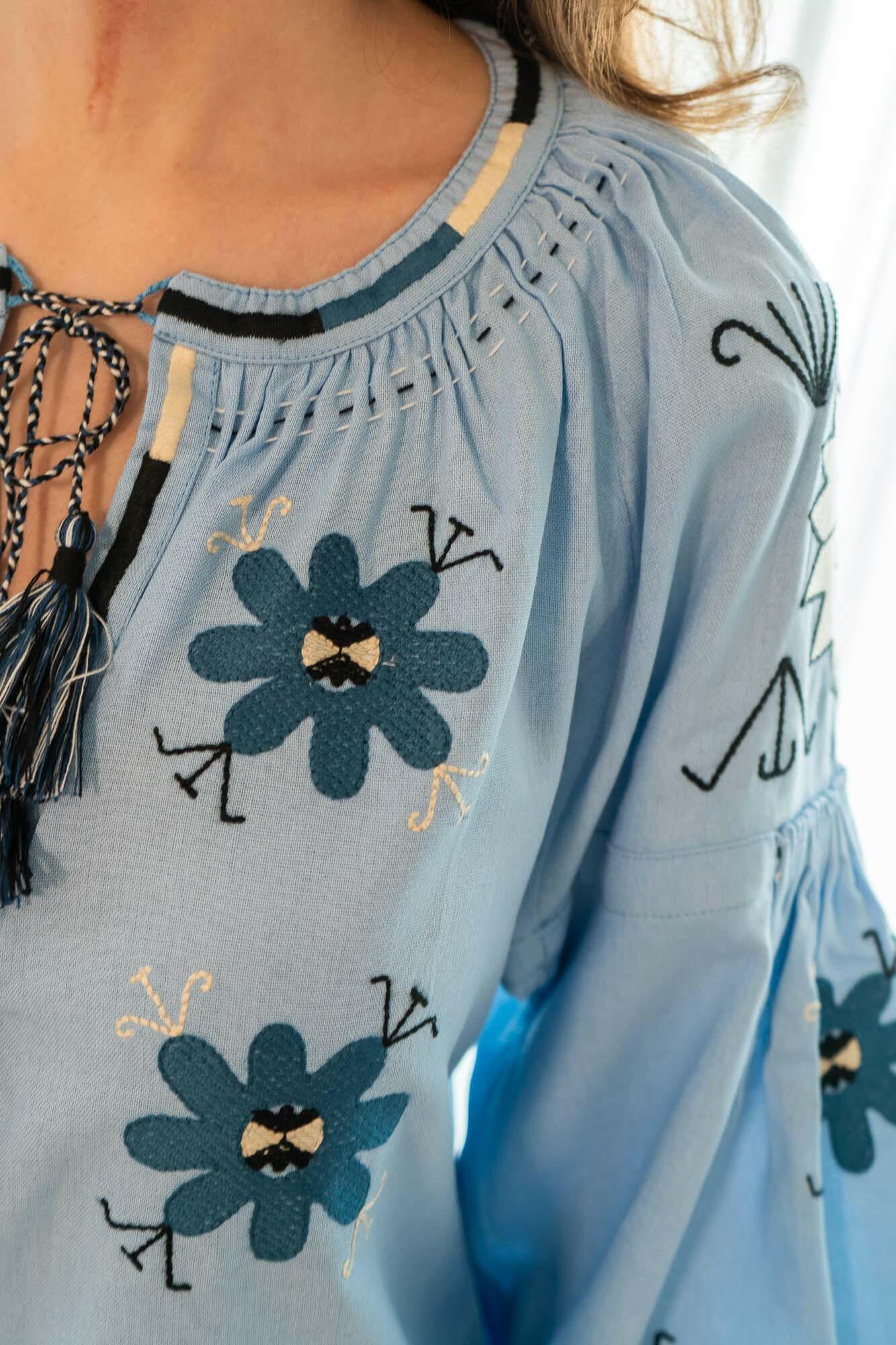 The Ivanna Blouse in Peaceful Sky — Embroidered Linen Blend Top by Amorrre – Luxury Resortwear, Embroidered Dresses & Kaftans.