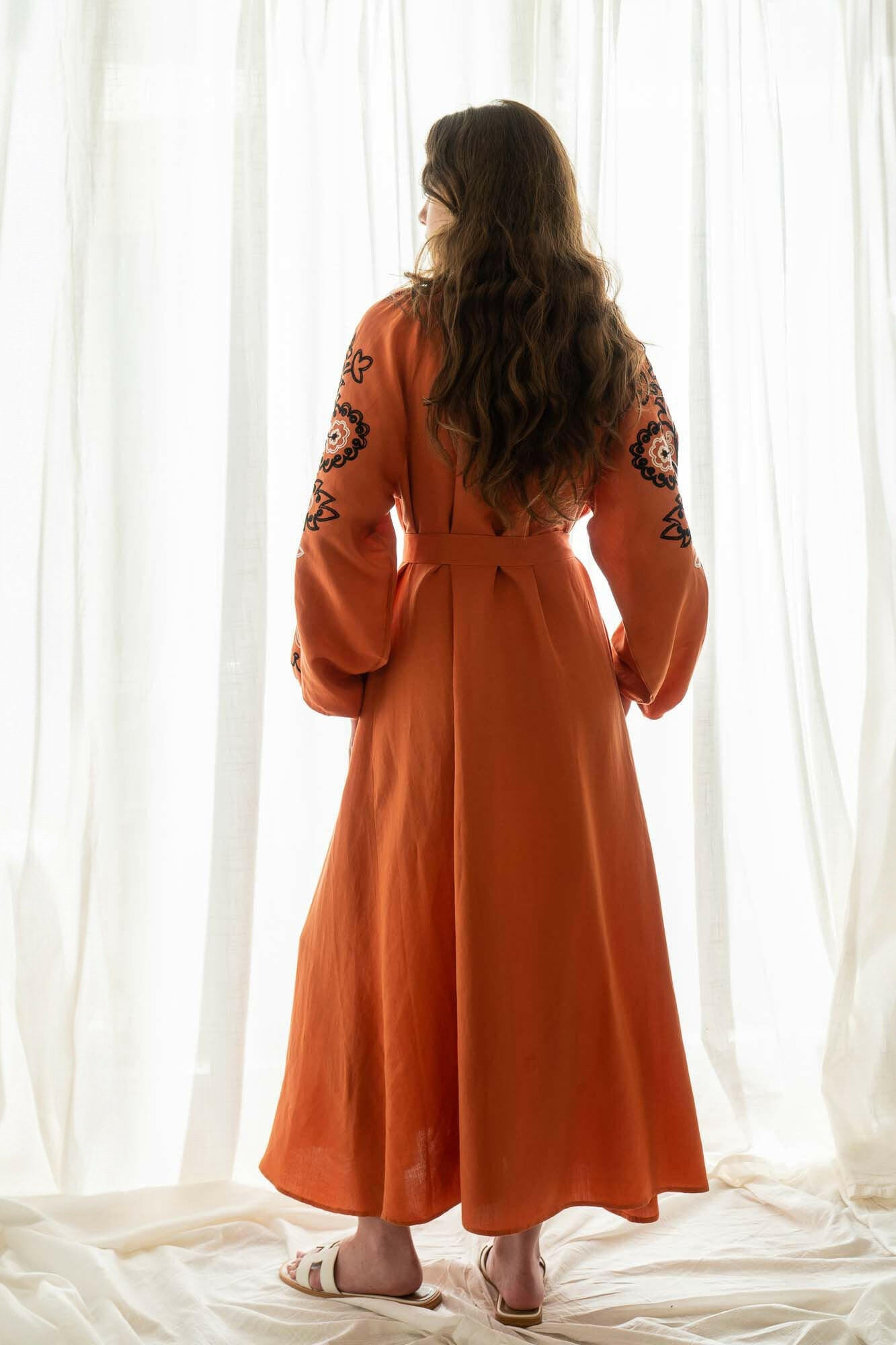 The Janni Dress in Burned Orange — Embroidered Linen Blend  Maxi Dress by Amorrre – Luxury Resortwear, Embroidered Dresses & Kaftans.