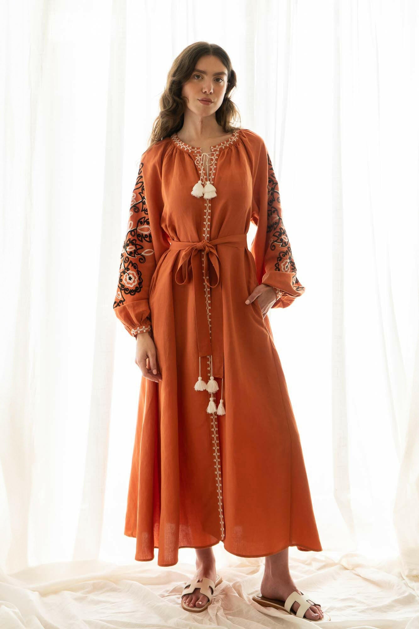 The Janni Dress in Burned Orange — Embroidered Linen Blend  Maxi Dress by Amorrre – Luxury Resortwear, Embroidered Dresses & Kaftans.