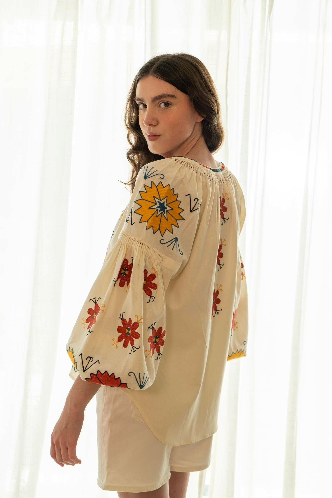 The Ivanna Blouse in Sunflower Cream — Embroidered Linen Blend Top by Amorrre – Luxury Resortwear, Embroidered Dresses & Kaftans.