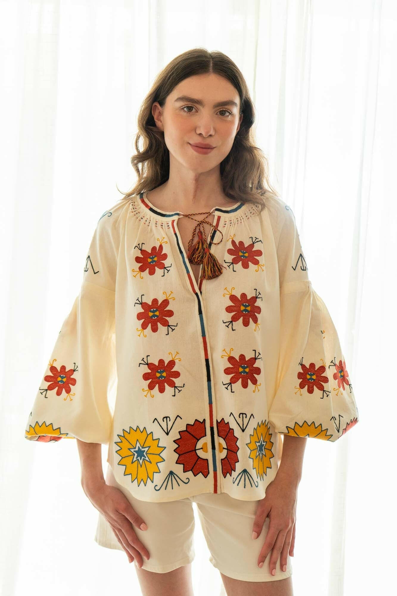 The Ivanna Blouse in Sunflower Cream — Embroidered Linen Blend Top by Amorrre – Luxury Resortwear, Embroidered Dresses & Kaftans.