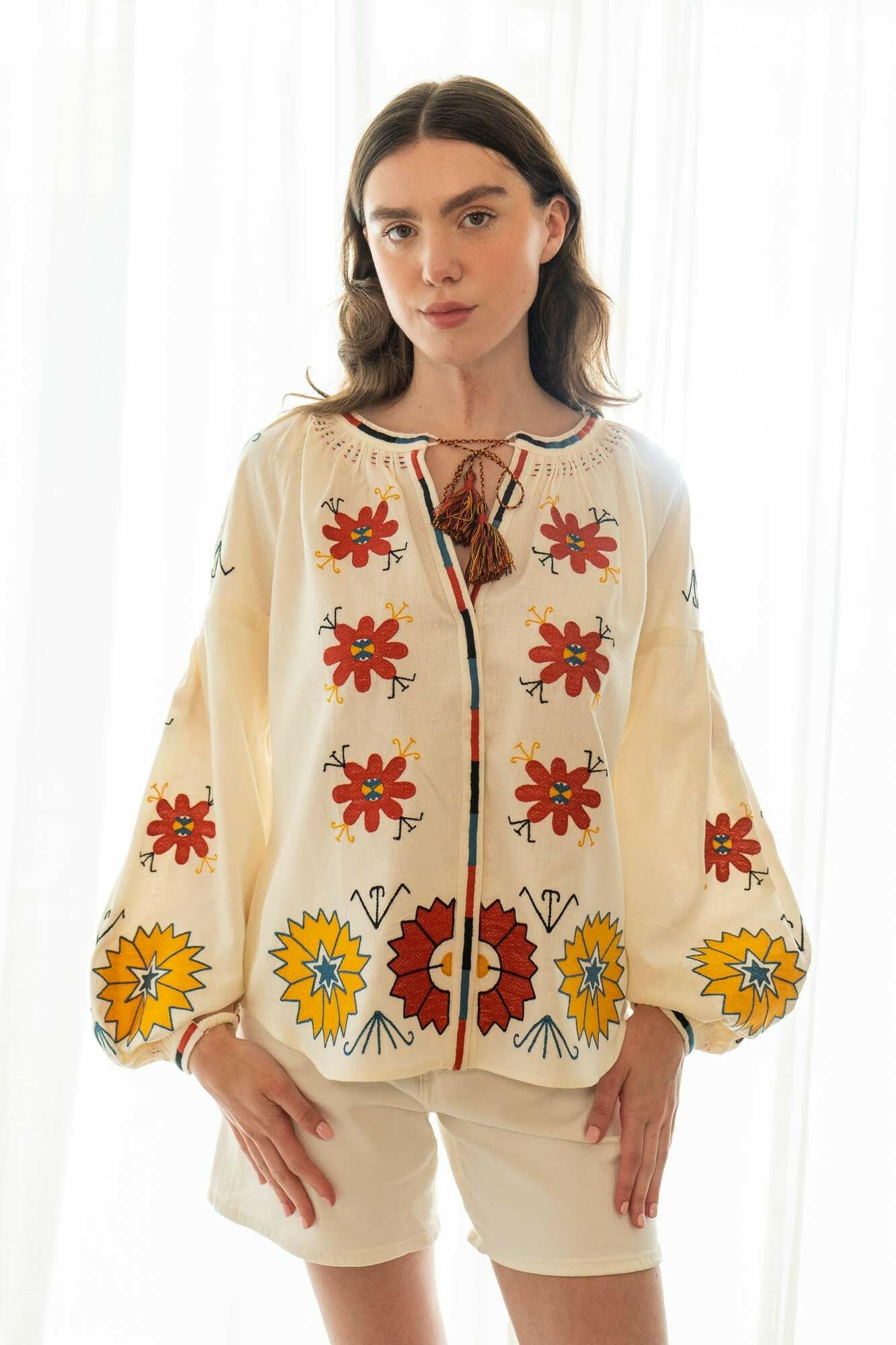 The Ivanna Blouse in Sunflower Cream — Embroidered Linen Blend Top by Amorrre – Luxury Resortwear, Embroidered Dresses & Kaftans.
