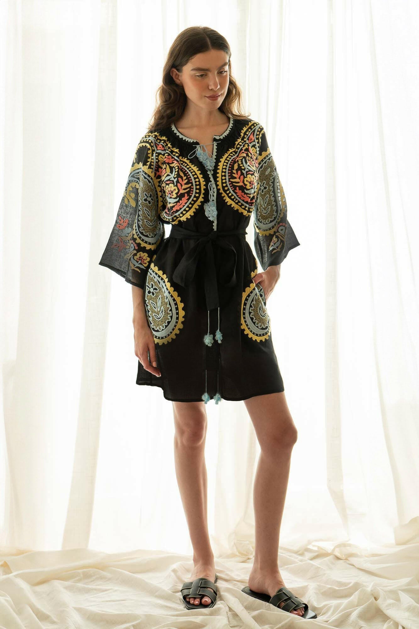 The Sara Dress in Folk Black — Embroidered Linen Cover-up by Amorrre – Luxury Resortwear, Embroidered Dresses & Kaftans.