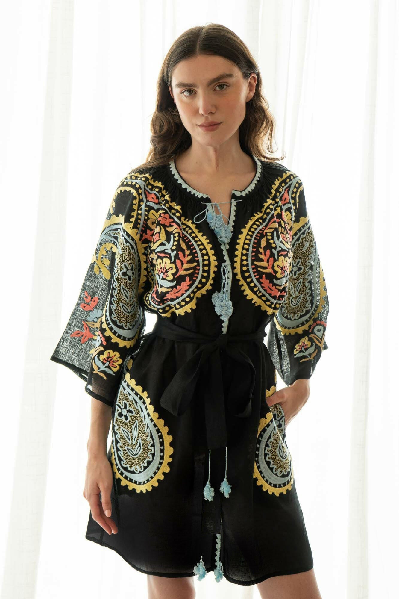The Sara Dress in Folk Black — Embroidered Linen Cover-up by Amorrre – Luxury Resortwear, Embroidered Dresses & Kaftans.