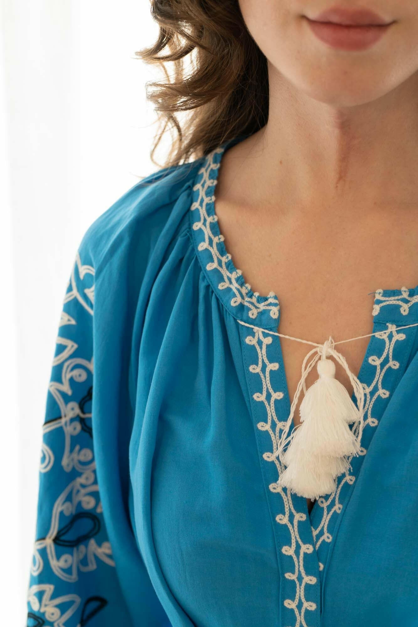 The Janni Dress in Azure Blue — Embroidered Linen Blend Maxi Dress by Amorrre – Luxury Resortwear, Embroidered Dresses & Kaftans.