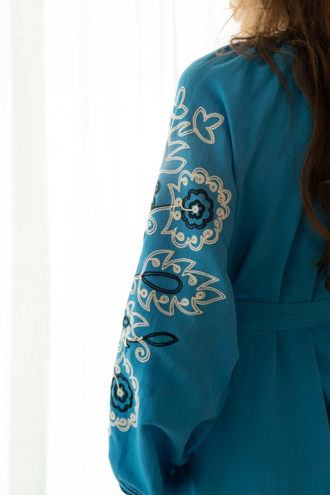 The Janni Dress in Azure Blue — Embroidered Linen Blend Maxi Dress by Amorrre – Luxury Resortwear, Embroidered Dresses & Kaftans.