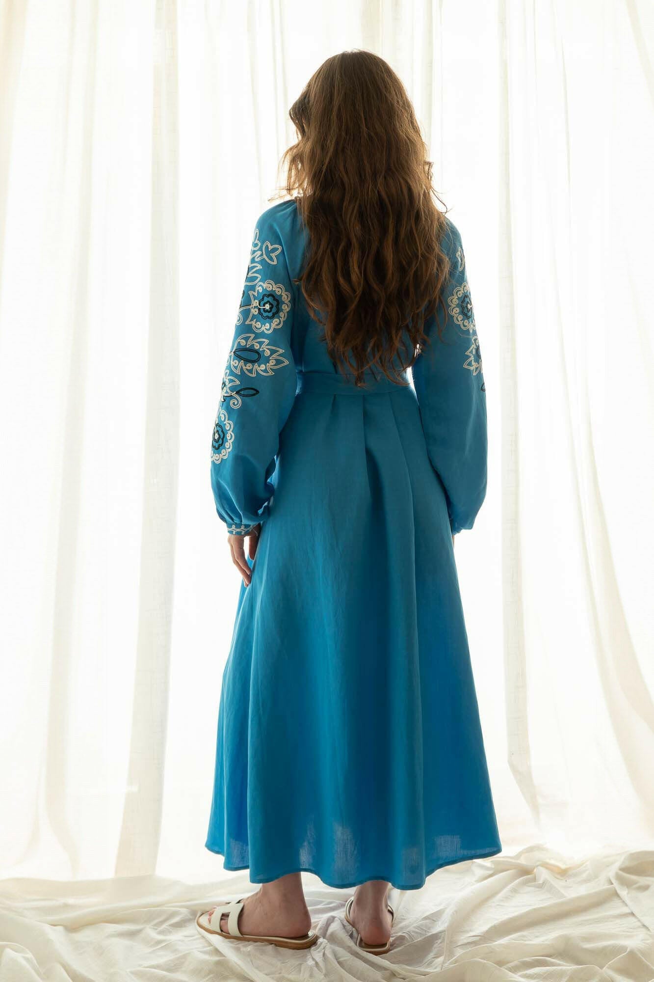 The Janni Dress in Azure Blue — Embroidered Linen Blend Maxi Dress by Amorrre – Luxury Resortwear, Embroidered Dresses & Kaftans.