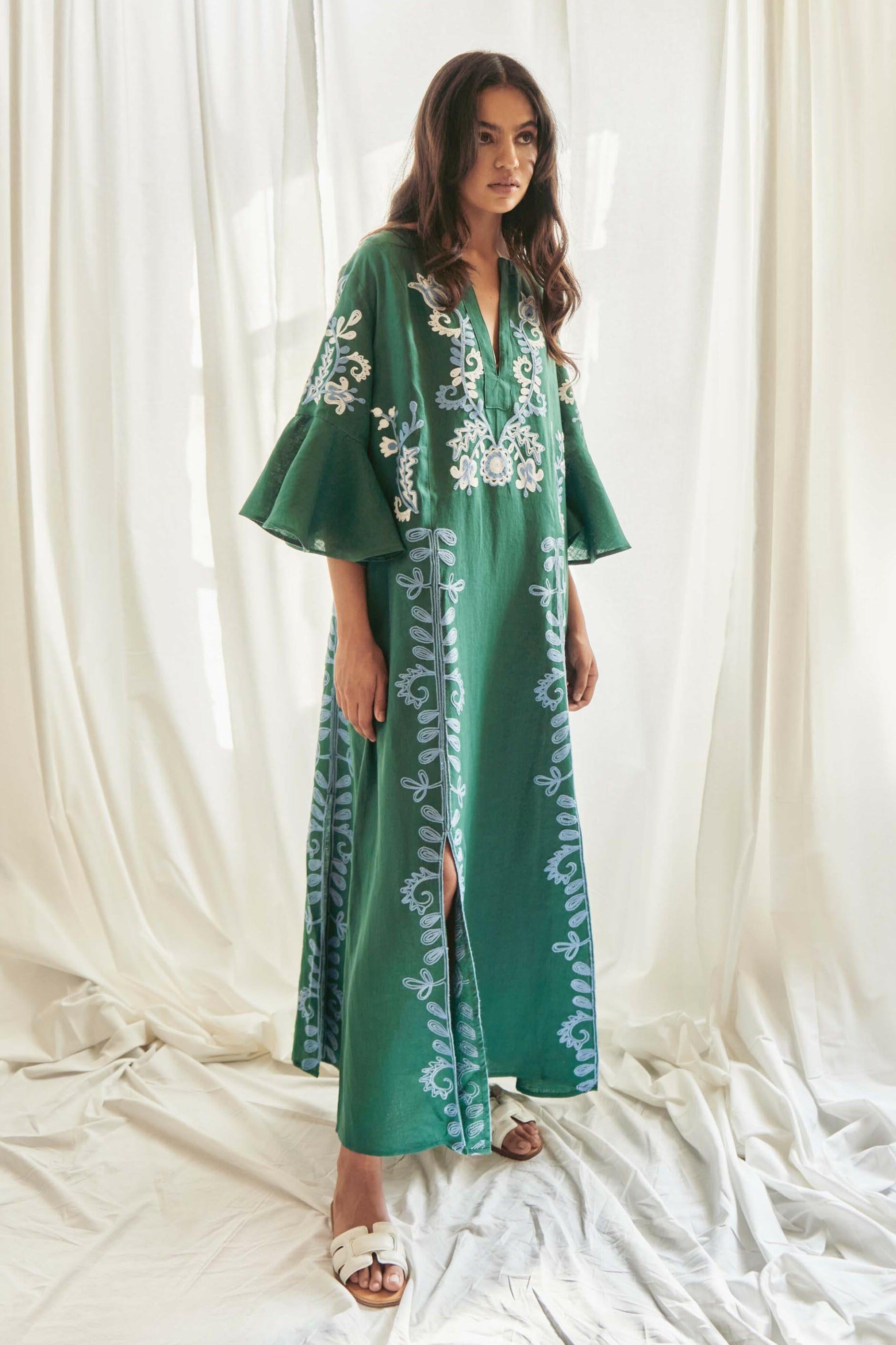 Mariposa Long Kaftan in Jadestone by Amorrre – Luxury Resortwear, Embroidered Dresses & Kaftans.