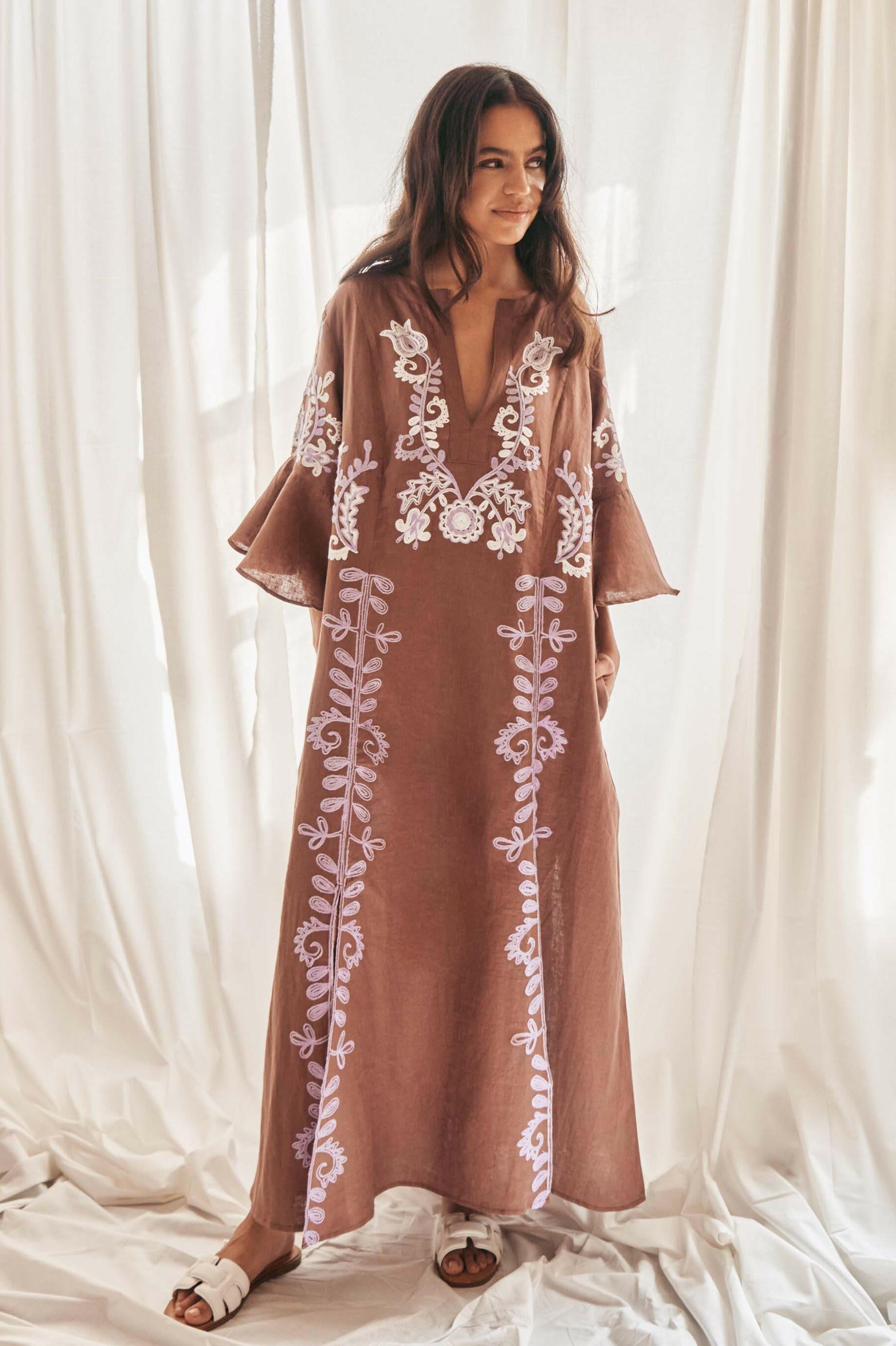 Mariposa Long Kaftan in Milk Chocolate by Amorrre – Luxury Resortwear, Embroidered Dresses & Kaftans.