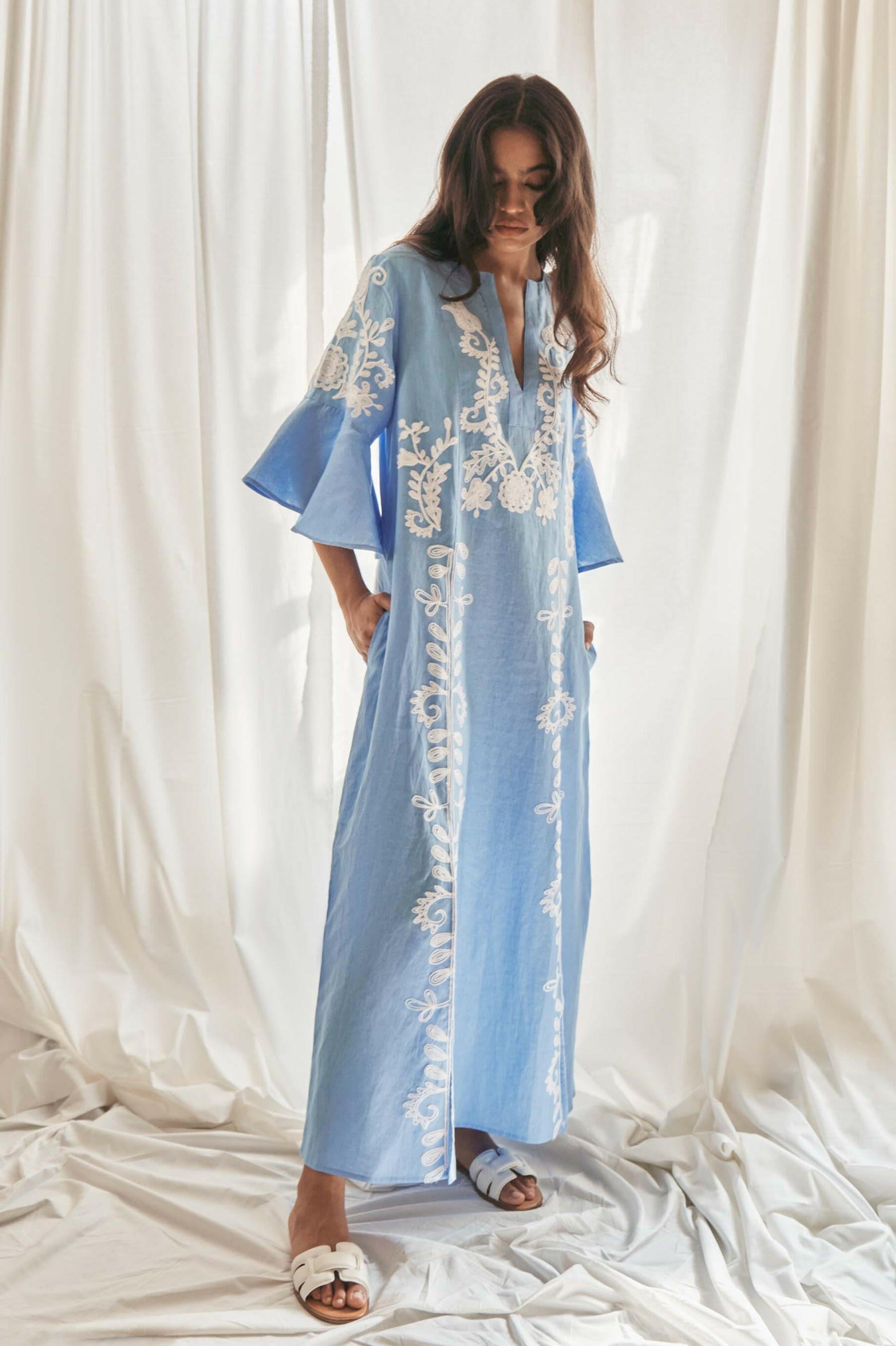 Mariposa Long Kaftan in Pastel Blue by Amorrre – Luxury Resortwear, Embroidered Dresses & Kaftans.