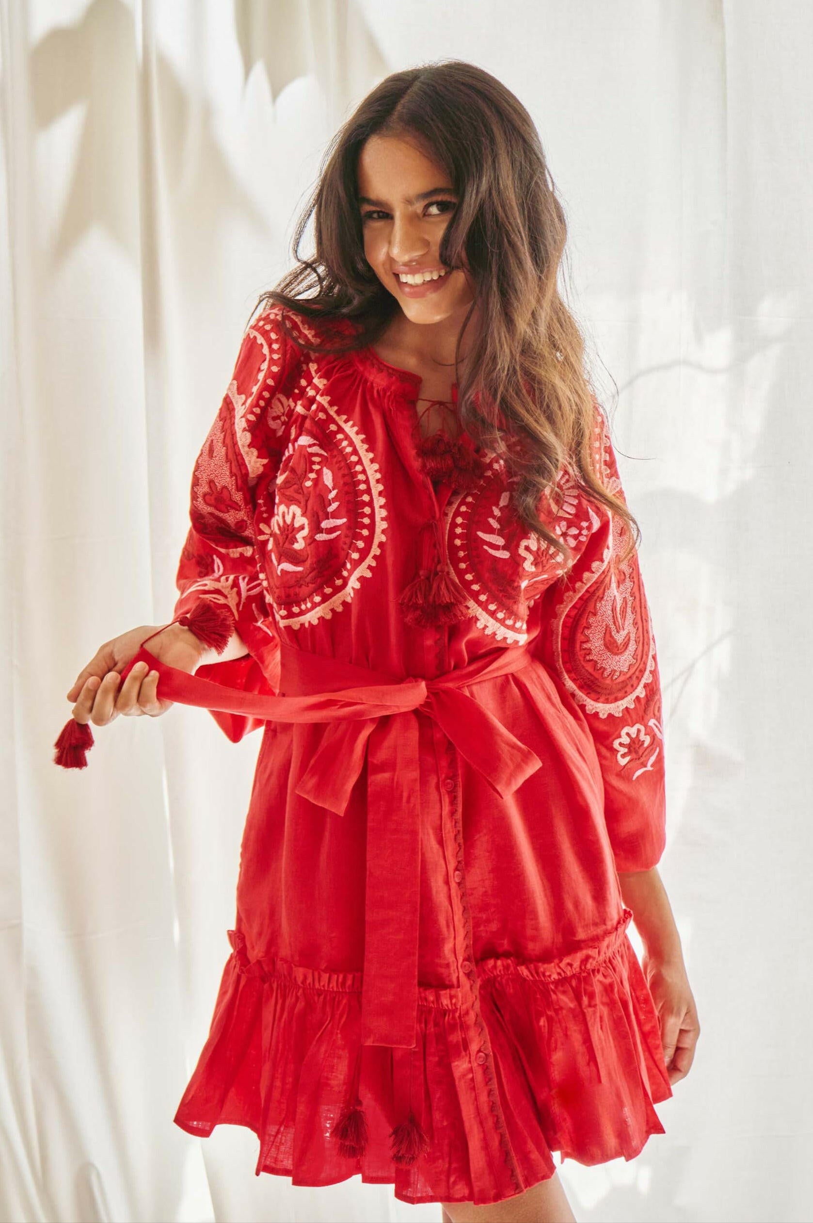 Sara Flared Short Dress in Scarlet Red by Amorrre – Luxury Resortwear, Embroidered Dresses & Kaftans.