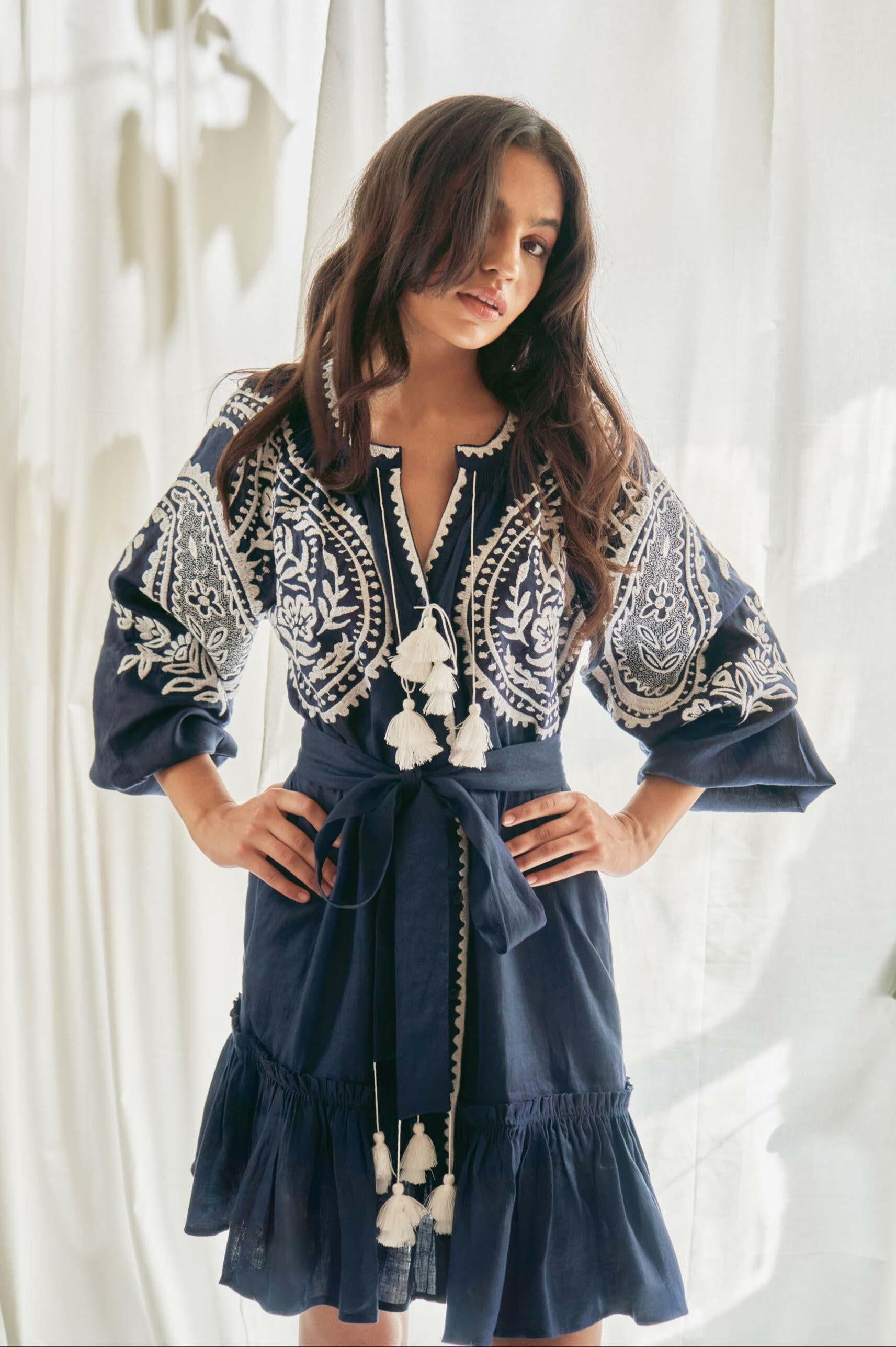 Sara Flared Short Dress in Midnight Blue by Amorrre – Luxury Resortwear, Embroidered Dresses & Kaftans.