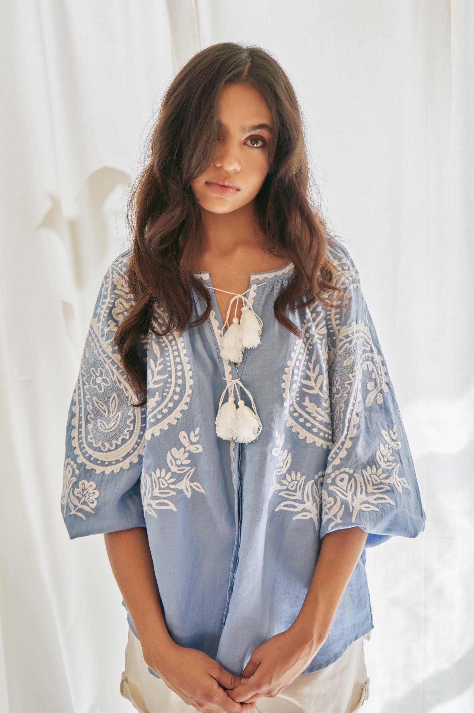 Amina Long Sleeve Blouse in Pastel Blue by Amorrre – Luxury Resortwear, Embroidered Dresses & Kaftans.